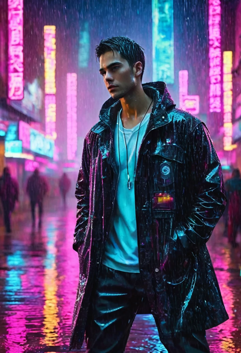 (Masterpiece, Best Quality, high resolution, fondo de pantalla de unidad 32k, Extremely detailed CG:1), (weak illustration on stage:1.0), ((ung handsome man:1.55 by cyberpunk:1.5 )),(( cyberpunk night city:1.4)), neon signs futuristic cars,dark place rain, ((wet clothes magenta neon lights illuminating the young man perfectly:1.45) . 32k