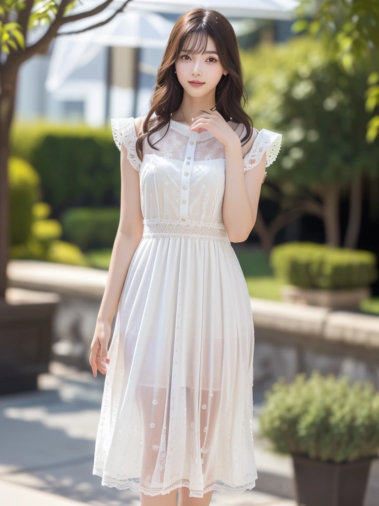 Photo-realistic quality、A 20-year-old Japanese model is standing in a white dress、 rococo ruffles dress, white with black spots,Stylish dresses、White Summer Dress、Cute Dresses、Looking at the camera、Detailed and beautiful eyes、Cute smile、A soft and gentle look、Natural smile