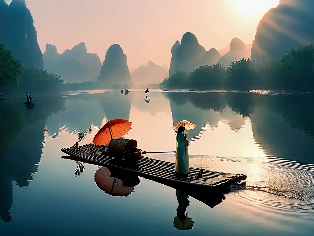 misty，92 degree aerial shot of a woman holding an umbrella on a bamboo raft，There is a boatman behind，Like Chinese landscape painting, It&#39;s like a fairyland, As if there is a Buddha&#39;Light.，Maximum resolution，All details are clearly visible，Film Color Grading，3D 渲染哑Light, Beautiful rendering of the Tang Dynasty,, 东方风Light
