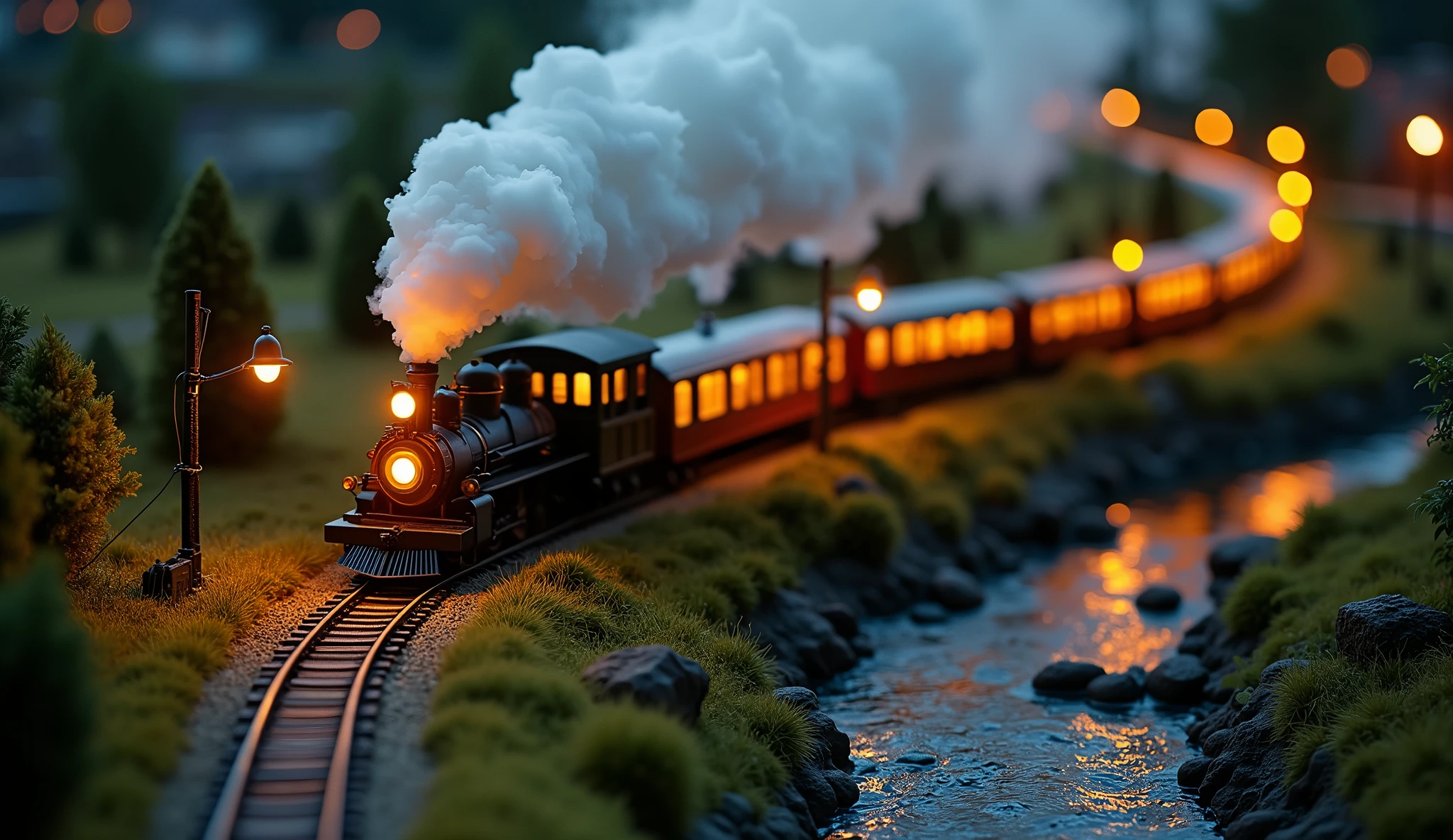 A captivating high-angle shot of a miniature countryside, featuring a detailed steam locomotive pulling a passenger train. The train’s headlamp shines brightly as thick, realistic steam billows from the locomotive's chimney, creating a dramatic contrast against the dark night-time background. The passenger cars are warmly lit with tiny artificial lamps, casting a soft glow across the scene. The train winds through the miniature countryside, with a running river flowing gently through the landscape, and small bridges crossing over it. The distant high-angle perspective captures the entire scene, highlighting the intricate details of the train, the glowing lamps, and the charming miniature landscape below.