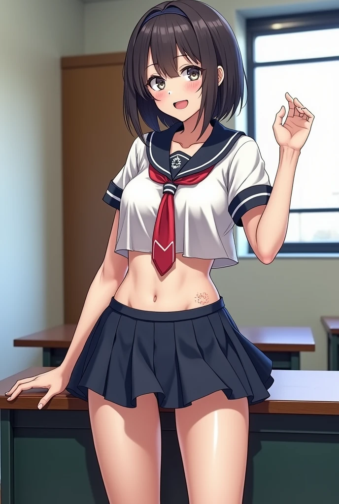 nsfw,alone, (One girl), ,8-year-old, ((全naked)) (d）,  y, (Cowboy Shot),  ((Put your arms behind your head)), (wearing only the top half of sailor school uniform), classroom, With a girl：hair is black and short, Her face is round and cute, Black Hair, Low twin tails,(Shy, Embarrassing),(stand)、Spread your legs、Beautiful nipples,Small breasts、,((Pee、Urinating、peeing)),