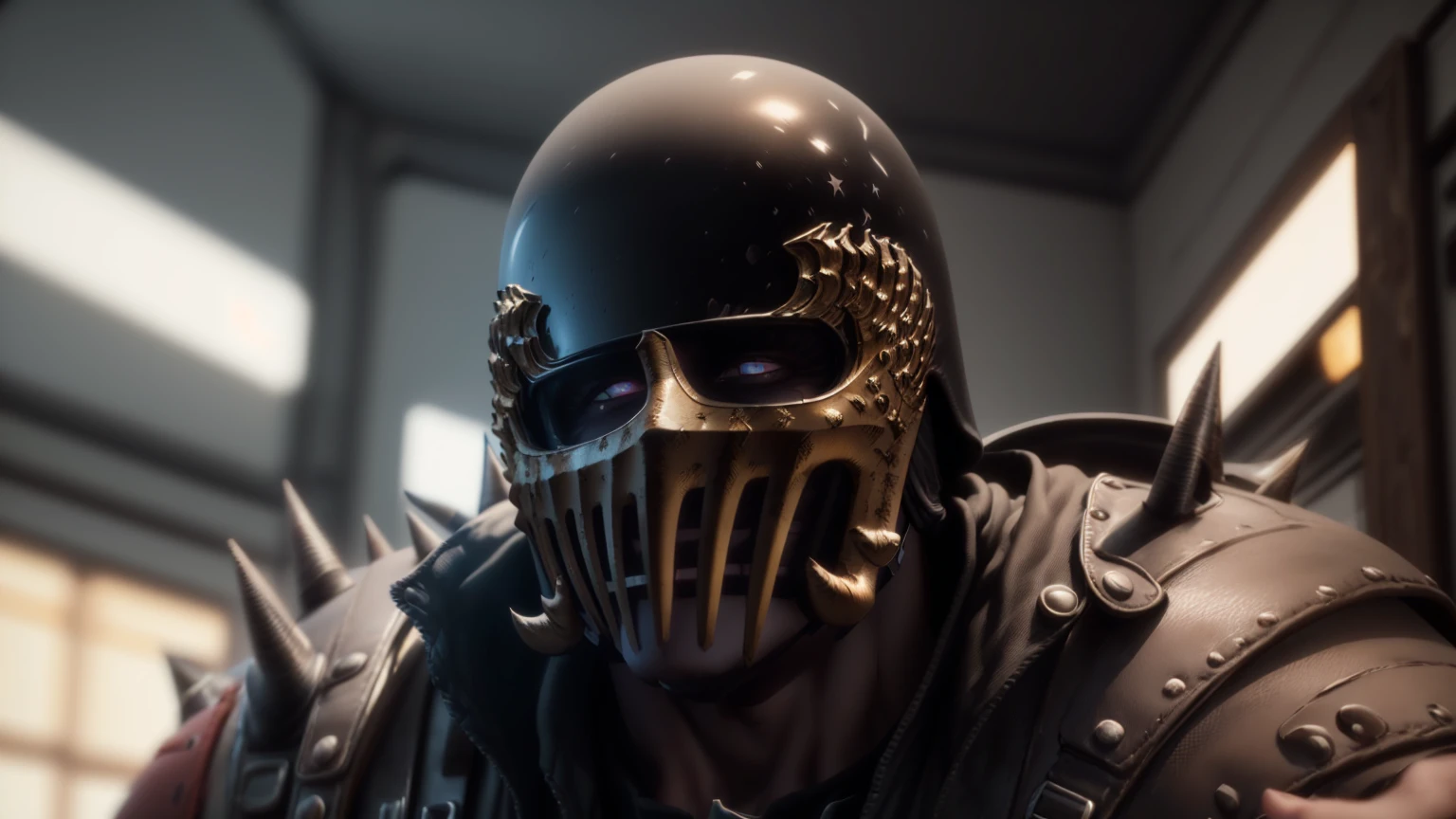 Close-up of Jagi from Fist of the North Star wearing his helmet and mask, look down、Glowing Eyes、intimidate. Unreal 5, Helghast, Unreal Engine Character Art, Unreal Octane Rendering, Unreal Engine, Unreal Engine octane render, cinematic Unreal 5, unreal 5 render, rendered in Unreal 5, Black Octane Rendering, intimidate look, Unreal 5. RPG Portrait, Made with Unreal Engine 5