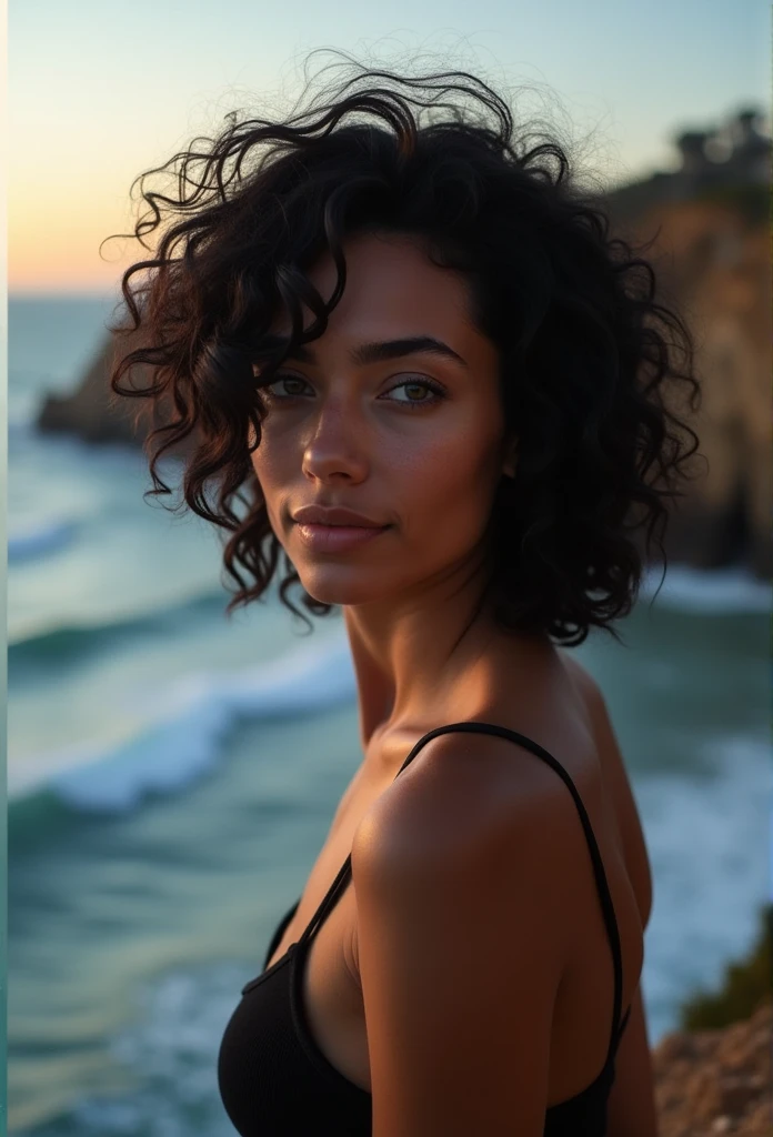 (sharp focus:1.2), photo, attractive young woman, (beautiful face:1.1), detailed eyes, luscious lips, (cat eye makeup:0.85), (large eyes:1.0), (toned body:1.2), (curly hair:1.2), wearing (romper:1.2) on a (beach:1.2). (moody lighting:1.2), depth of field, bokeh, 4K, HDR. by (James C. Christensen:1.2|Jeremy Lipking:1.1).