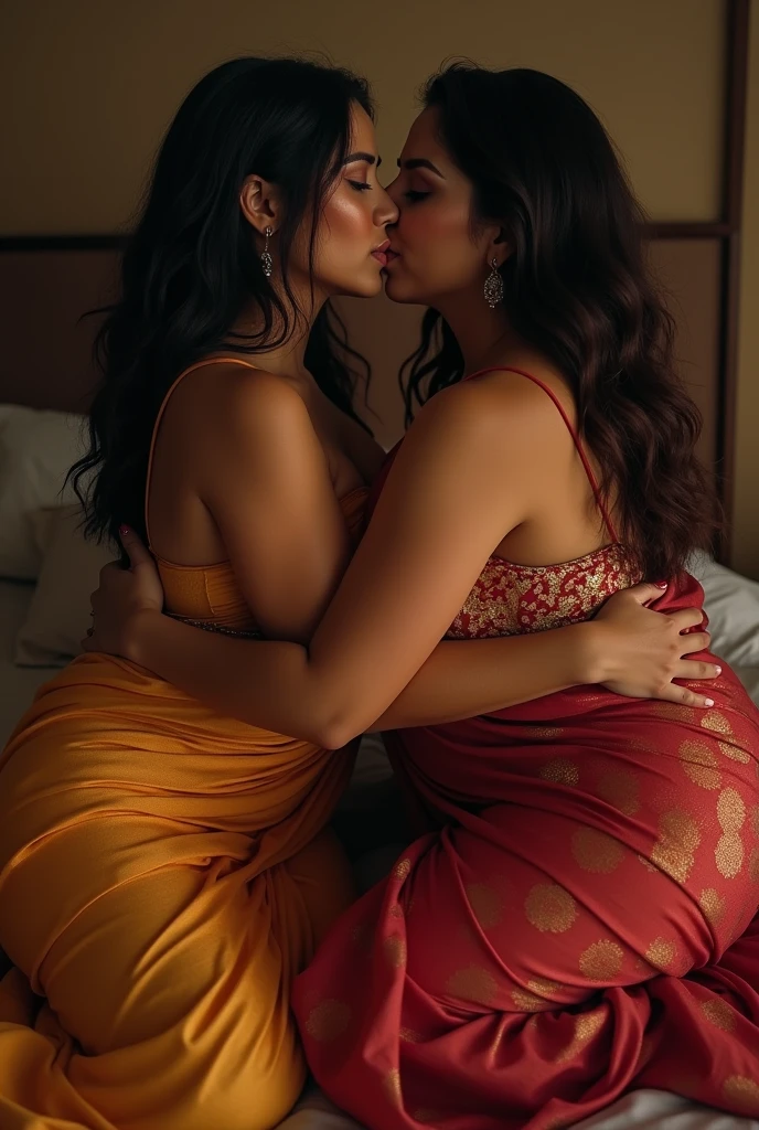 (((Curvy woman in satin salwar))), (((young man an woman lying down))), (((couple))), (((kissing))), (((defined figure))) ((young man lying on woman) (on top), (hugging), (lying on bed) (looking at young man), (curvy), (cheating) (buttock), no shirt, full body, Touching pussy,