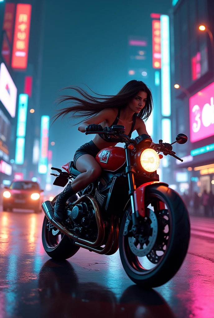 (Ultra-detailed eyes), (((textile shading))), (((Best Quality))), (((materpiece))), (((Ultra-detailed CG))), sassy girl, (((magical ))), (), (tiny chest), long black hair, ((waving by winds, gorgeous hair)), brown eyes, (((biker girl, leather jacket, black bra inside, y2k ripped shorts))), ((striking a pose)), (((Game CG)) (gorgeous, sassy, it girl),neon lights,vibrant colors,night scene, gritty atmosphere,4K. cinematic nighttime japan metro scenery, beauty 18 years red-hair japan girl riding fast her cool design big black silver matte full modification cool racing sporty bike, fast velocity shoot, wearing face-seen helmet, show cool smile intense expression, wearing red-black sukajan satin jacket, very short pants & rider boots, street intercept, bike manouvre, action scene, light trail, dynamic perpective, hyper realistic, riding gesture, taken with Fujifilm XF 56mm f/1.2 R Lens. HDR10 8K