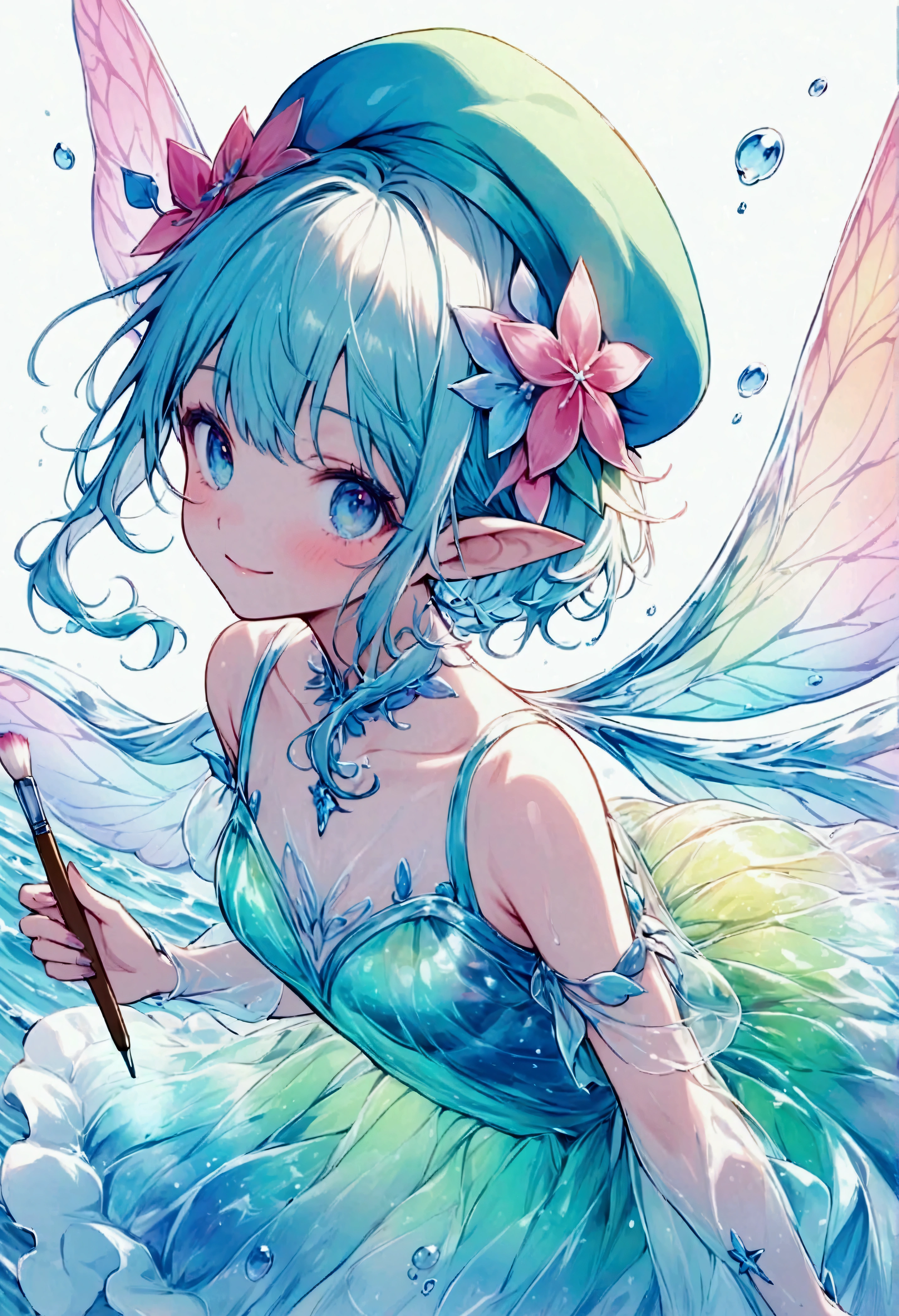 A small sea fairy with a transparent blue body resembling a water droplet, delicate jellyfish-like wings on its back, and a stylish artist's beret on its head. The fairy is holding a paintbrush in its hand, flying through the air, and using the waves and wind of the sea to paint. Surrounded by soft sea foam and gentle breezes, the character radiates creativity and joy. The atmosphere is whimsical and artistic, with warm, friendly expressions that emphasize the fairy's role as a cheerful and imaginative mascot. The scene captures a light and playful mood, with a focus on the fairy's beret and artistic tools.,Anatomically correct,colorful,Colorful,Absurdly beautiful,Transparency,Bioluminescent Dress