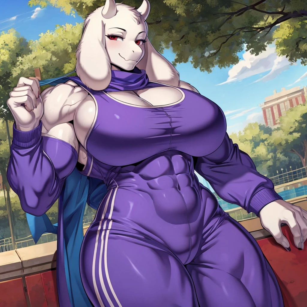 uploaded on e621, asriel, female, white fur, (maroon eyes:1.2), muscular, athletic figure, (thick arms, thick thighs, chunky, muscular legs), (large breasts), (highly detailed eyes), (nipple outline:1.2), large areolae, absurd res, highly detailed, cinematic lighting, perfect face, perfect eyes, perfect hands, masterpiece, best quality, 4k, shaded, (high detail:1.3), (unreal engine:1.1), looking at viewer, amazon, (purple micro bikini top:1.5), (purple floral sarong:1.3), (large bulge), stocky, broad, four toes, cute smile, natural hot springs, onsen, casual pose, full body, standing by water, by darkgem, by sligarthetiger, by kevinsano, by BNG,