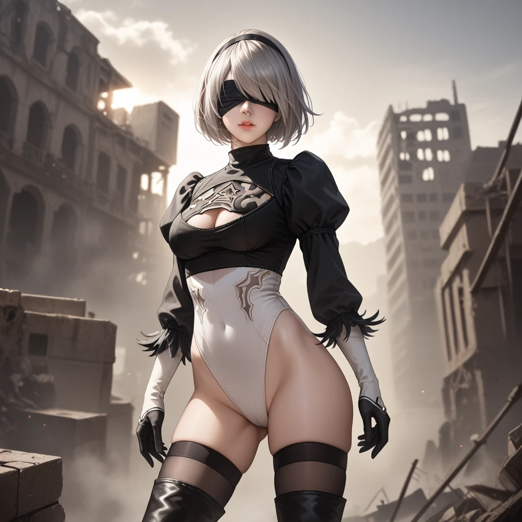 score_9, score_8_up, score_7_up, 32k,masterpiece, highest quality, 
photo realistic, super detail, vibrant colors, chiaroscuro lighting, cinematic lighting,
1 woman, inspired nier automata 2B,
bob cut, gray hair, bangs, mole under mouth, blindfold,
2B leotard, cleavage cutout, skirt, thighhighs under boots,
ruins, a ruined world, devastated cities, dark cloudy sky,
seductive pose, cinematic angle,