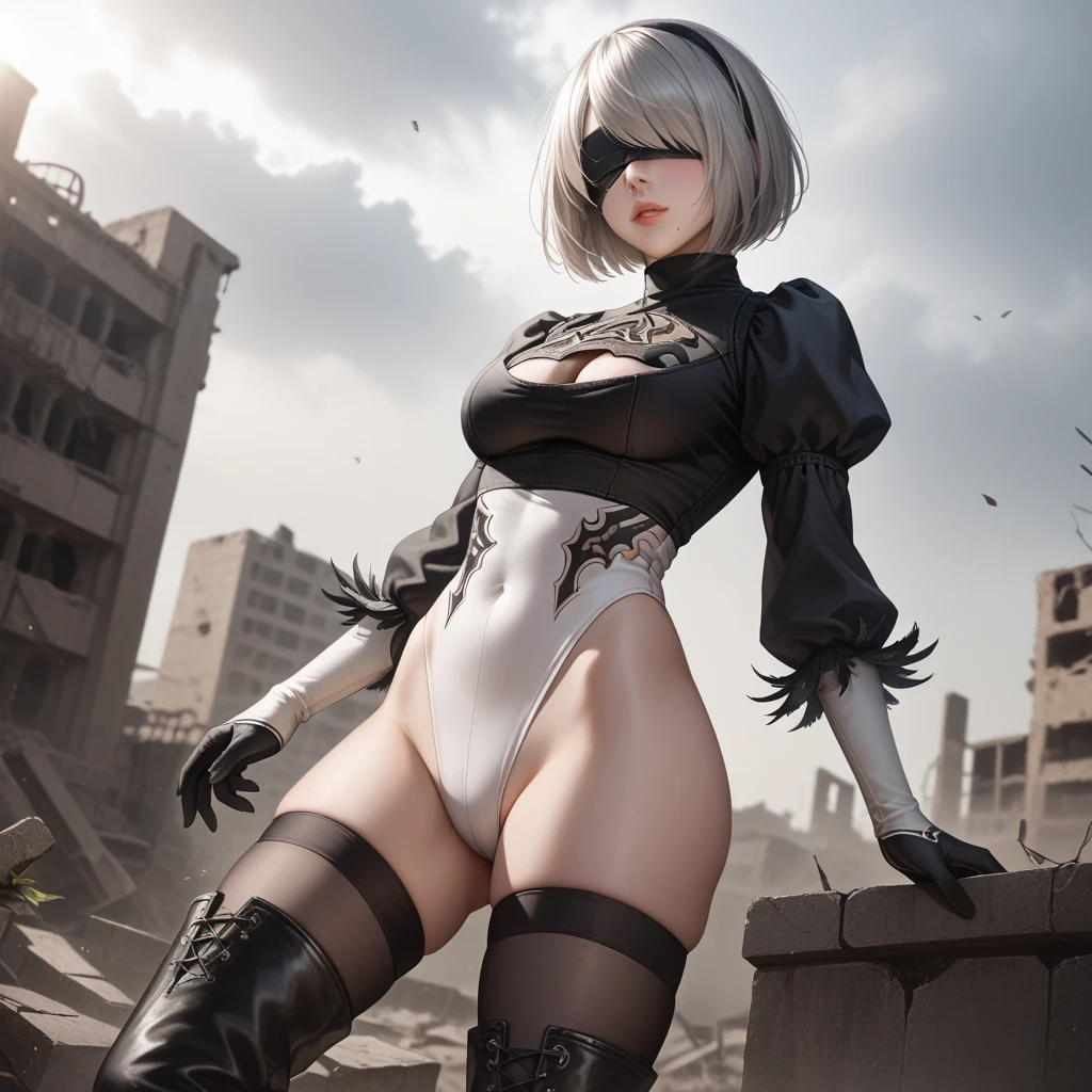 score_9, score_8_up, score_7_up, 32k,masterpiece, highest quality, 
photo realistic, super detail, vibrant colors, chiaroscuro lighting, cinematic lighting,
1 woman, inspired nier automata 2B,
bob cut, gray hair, bangs, mole under mouth, blindfold,
2B leotard, cleavage cutout, skirt, thighhighs under boots,
ruins, a ruined world, devastated cities, dark cloudy sky,
seductive pose, cinematic angle,