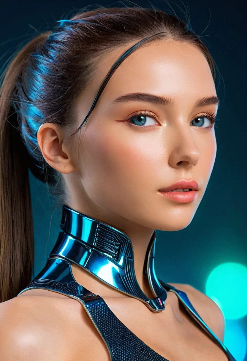 Generate a hyper-realistic portrait of a beautiful woman with only her face being human, while the rest of her body, including her hair, neck, and torso, is transformed into a sleek, metallic android form. Maintain her soft, natural facial features, while her body from the neck down is exposed with mechanical, naked android elements. The environment should feature neon lights in the background to create a futuristic, cyberpunk aesthetic, retaining the vibrant colors and glowing effects. The overall style should blend human beauty with advanced technology, emphasizing the contrast between organic and mechanical elements