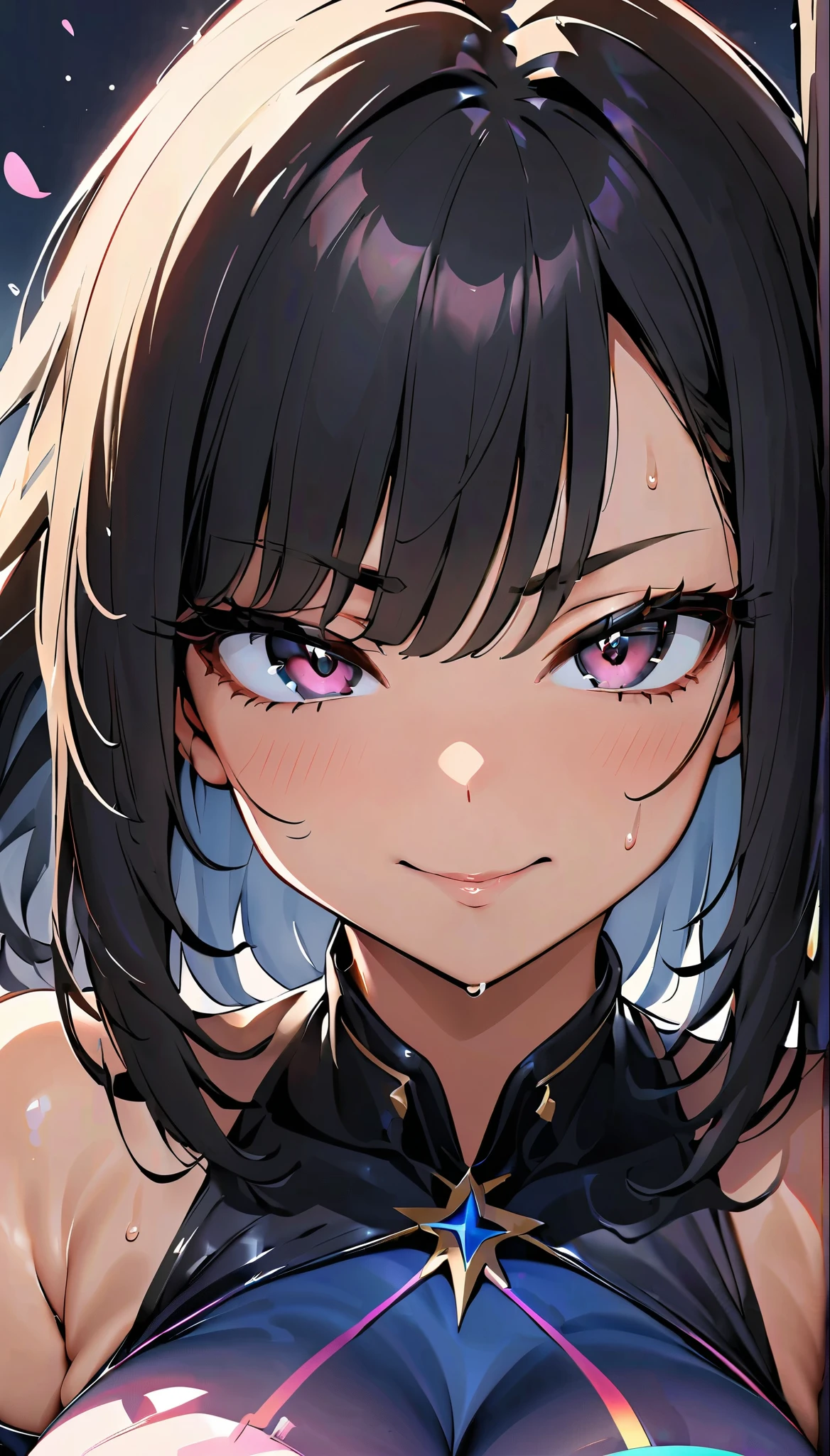 [[[masterpiece, ultra-detailed, best quality,]]] close-up shot, black hair, tied-up hair, purple eyes, necromancer, traveler robes, dark forest background, smiling, winking.