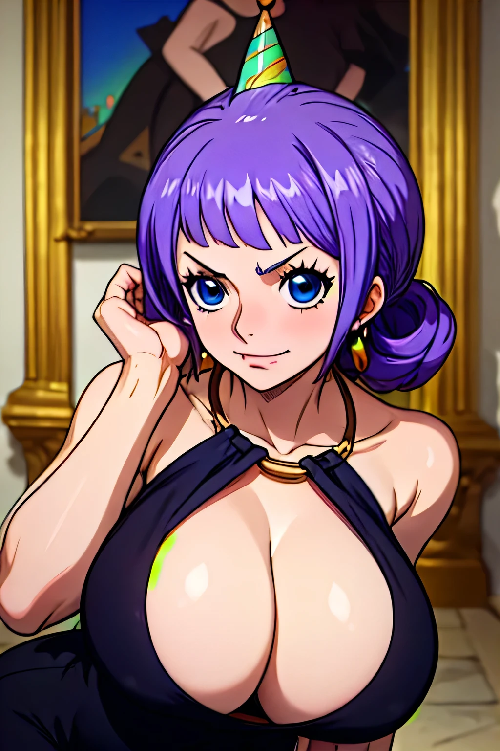 1girl, (partyca:1.7), portrait ,masterpiece,One Piece_Carina ,best quality,One Piece_Carina black dress, (gigantic breasts:1,5),muscle,in Ancient Greek style palace,short purple hair, blue eyes,gloomy colors, Carina jewelry


