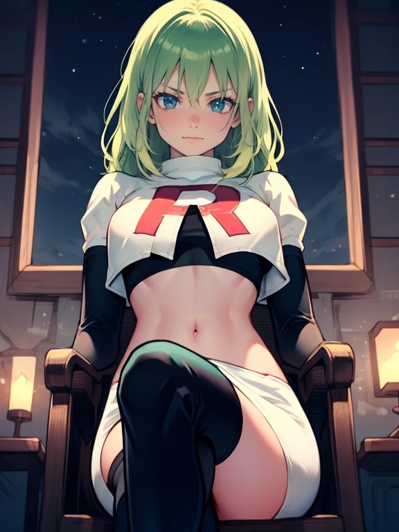 fembyleth, light green hair ,glossy lips ,team rocket uniform, red letter R, white skirt,white crop top,black thigh-high boots, black elbow gloves, evil smile,  looking down on viewer, crossed legs, night sky background