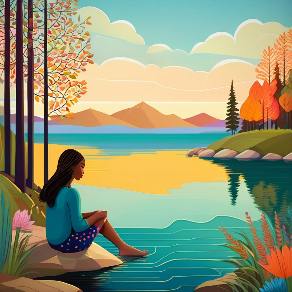 1 girl sitting near the shore,
trees
flat color 
lake
 detailed 
patterned background, 
(art by Jane Newland)