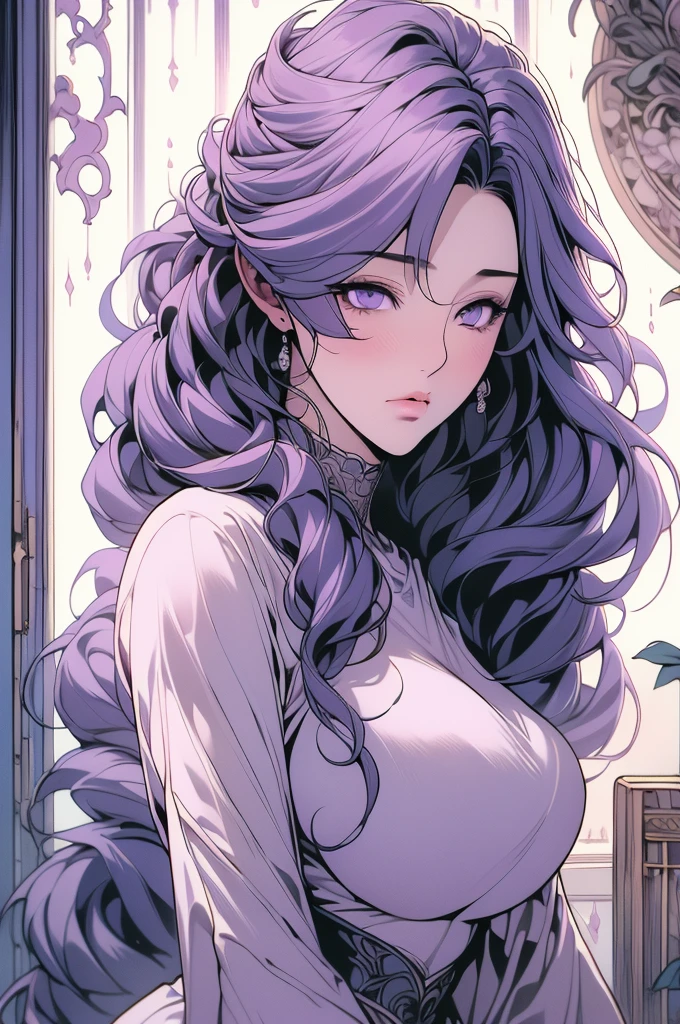 (Best Quality,4K,8k,High resolution,masterpiece:1.2),Very detailed,Vibrant colors,Beautiful details,Low contrast、entrance、door、Married Woman、dongtan style, Depressing表情、Overlooking、angle,big breast, very big, dynamic, Sad、sad、Depressing、Long Hair、Purple Hair、milf，