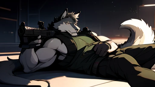 A Left Side And Full body Picture of A Very Muscular Furry style Gray Wolf. he is wearing A Full Dark Green military suit. his eyes are looking in the gun looking spot. he is holding a Gun with his both hand. he is aiming at something that is in front of him. The background is all gray. he is Lying with his belly down on the ground. He have green eyes. He have a long tail