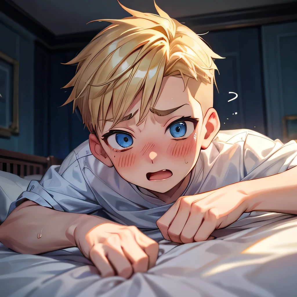 a handsome child cute boy 11yr blush pain embarrassed,happy pain,ahegao,undercut blond hair and blue eyes,no wearing shirt,webtoon style,from below,lie down in bed