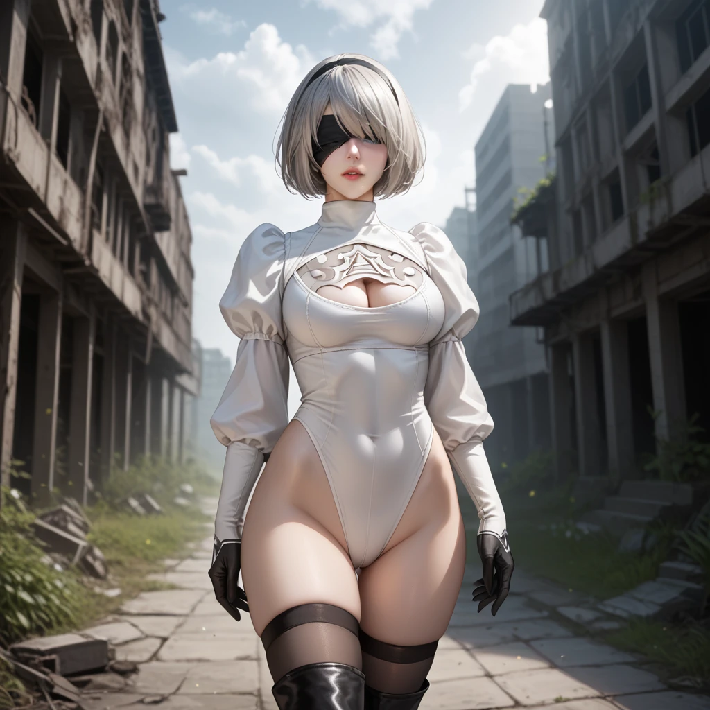 score_9, score_8_up, score_7_up, 32k,masterpiece, highest quality, 
photo realistic, super detail, vibrant colors, chiaroscuro lighting, cinematic lighting,
1 woman, inspired nier automata 2B,
bob cut, gray hair, bangs, mole under mouth, blindfold,
2B leotard, cleavage cutout, skirt, thighhighs under boots,
ruins, a ruined world, devastated cities, dark cloudy sky,
seductive pose, cinematic angle,