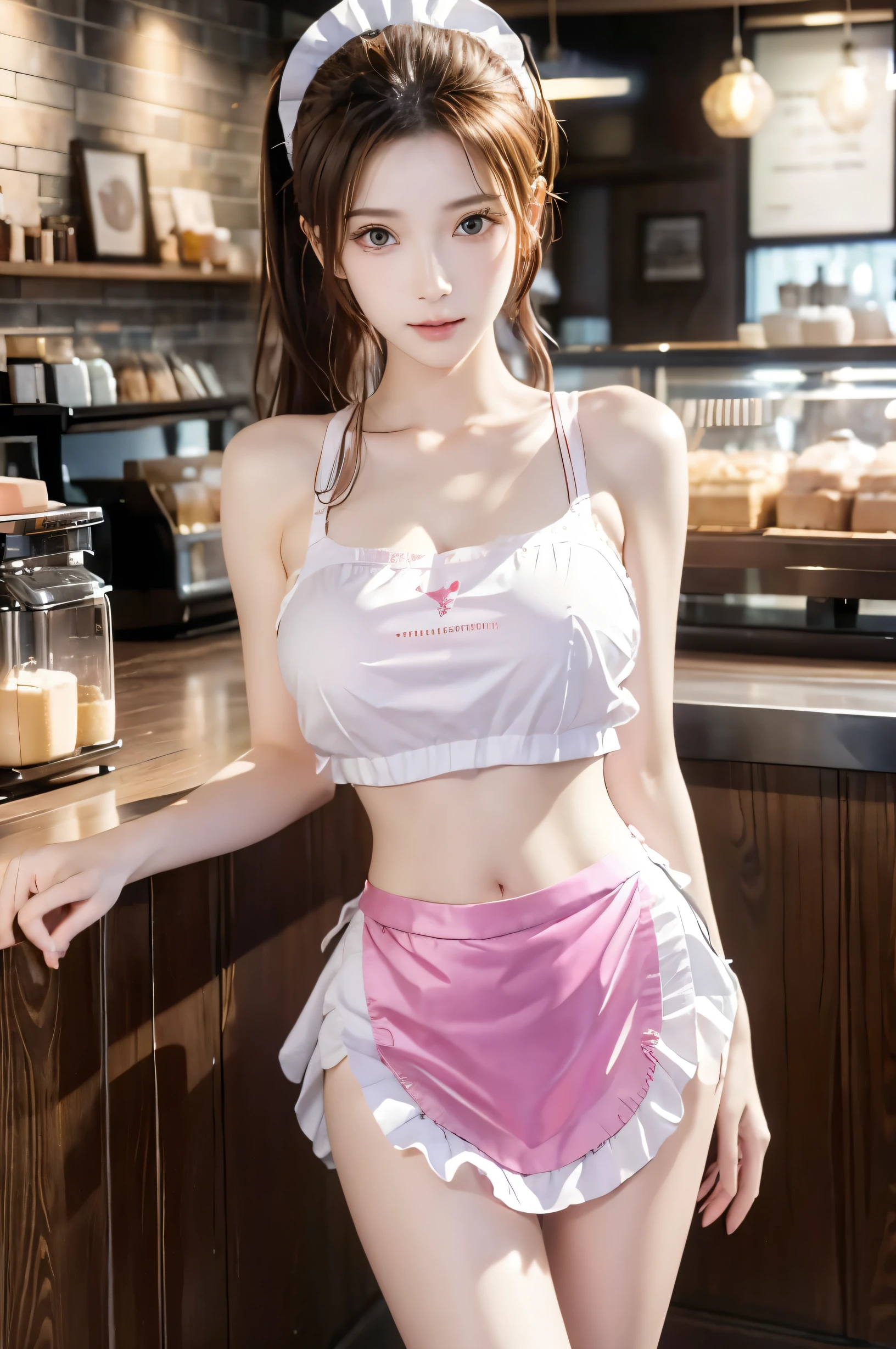 (Ultra HD), (Looking at me), (The whole body is shown), (Pink waitress, Apron with white frills), Big Breasts, Super beautiful breasts, Beautiful nipples, (Slimness:1.8), Narrow waist, (Thin legs:1.2), (Thin thighs:1.2), (Thin Hips:1.4), (Beautiful Skin, Shiny skin, White skin), (Super slim face, Super beautiful face, No makeup, Smile:0.6), (ponytail, Layered Cut, Fluffy hair), (double eyelid, Slanted Eyes), Small Nose, Thin lips, Are standing, Coffee shop
