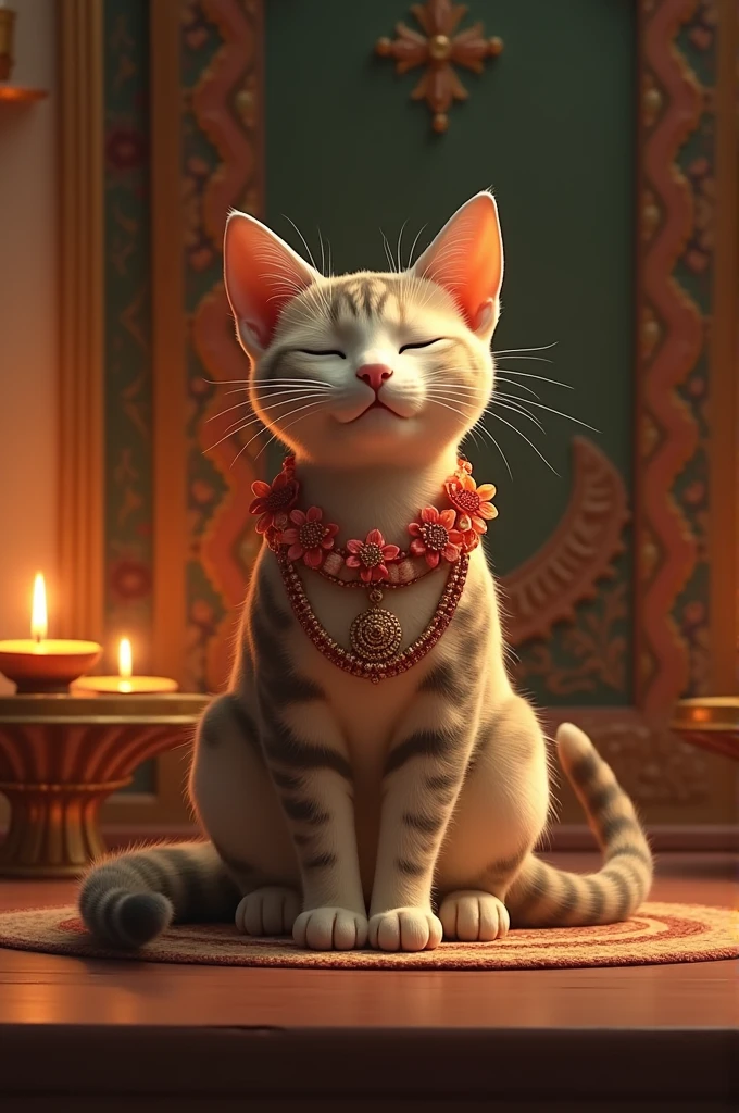 Prompt 4**: The beutifull female cat (Meera) singing bhajans with a joyful expression. She is wearing a blue and gold saree, standing beside a small altar decorated with flowers, an idol of baby Krishna, and lit oil lamps. Her eyes are closed in devotion.