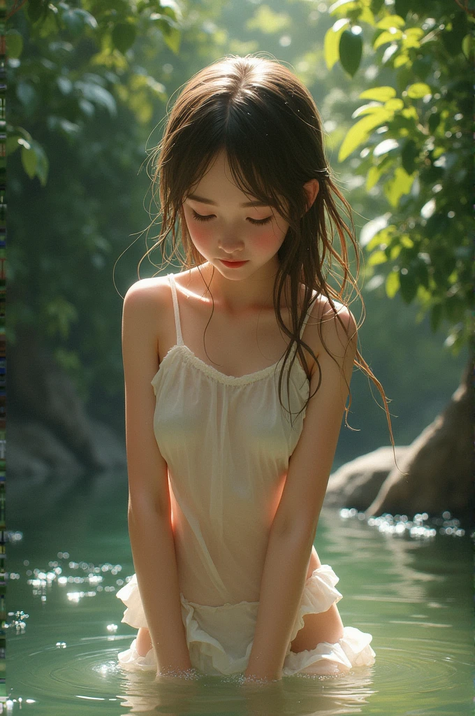 1 girl, young, 16 year old, Asian girl, full body from head to toe, realistic, realistic face, realistic eyes, worried, side lighting, wallpaper, looks at viewer, enchanted forest in the background, (((naked))), stream in the background, outside,