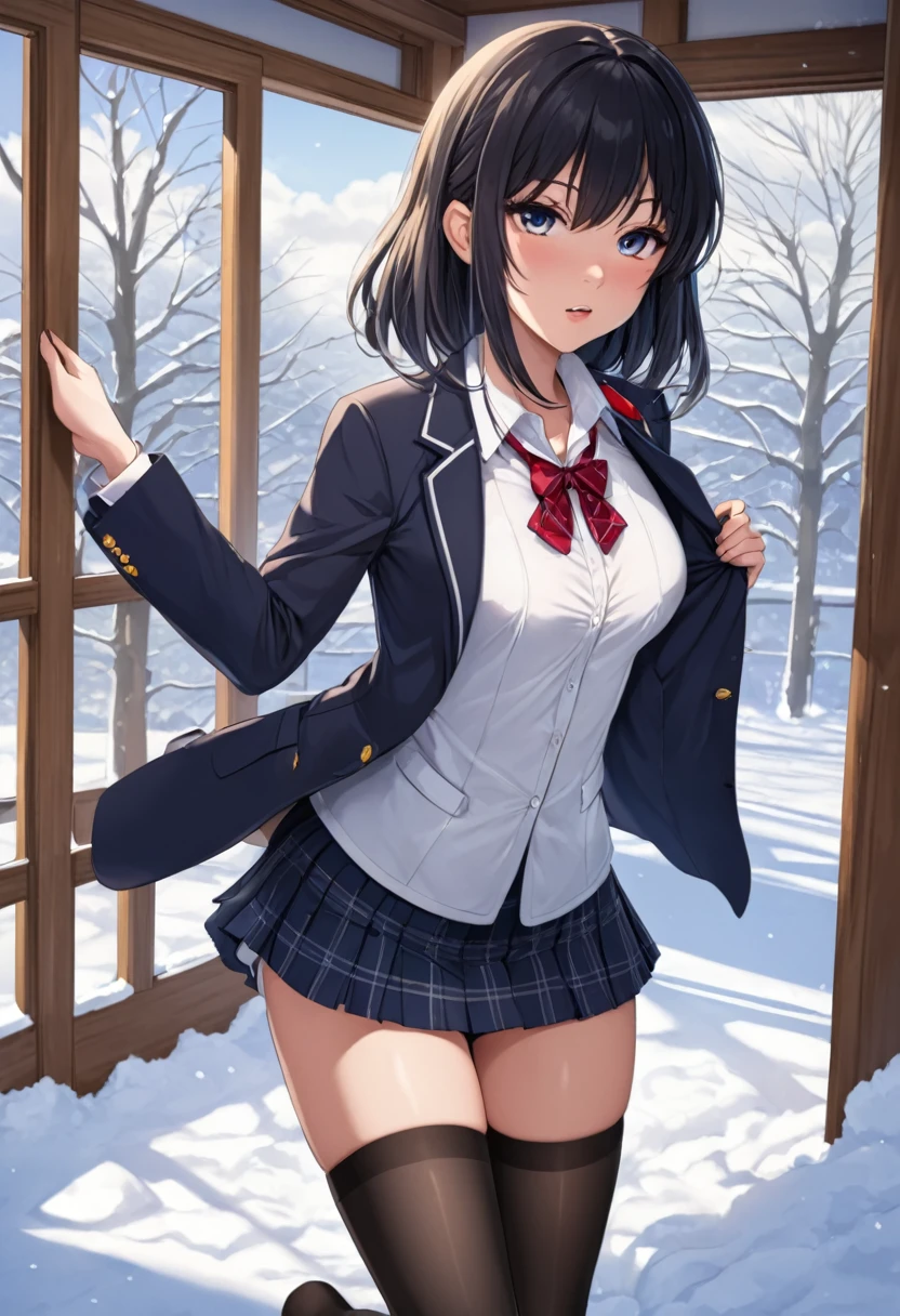 One Woman、beautiful girl、after school、evening、high school girl、Academy、Back of the school building、Schoolyard、winter、Under a big tree、It&#39;s snowing、Snowfall、Blazer uniform、Pleated skirt、Duffle coat、Black panties、Long Hair、Wearing a scarf、Highest quality,  Thick thighs、Big 、Big Ass、Black Hair、Slipping on snow、Slip and fall、Fall backwards spectacularly、Black pantieove the crotch of your panties with your fingers、I can see your pussy