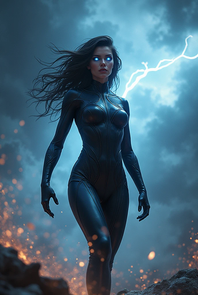 Full body busty slender cyber girl with a ponytail. European supermodel's face. Bright white color to show she's a cyber girl whit laser rifle. white eyebrows. clothing like catsuit. She also has bright blue eyes. The environment is terminator like. Hair is platina. She is lit with the bright blue color on one side of her face. Led like. And both hands have the led light too. Slender body with big round breasts and round tight bubble ass cheeks, curved slim waist, wide hips, rear side view, looking at viewer,