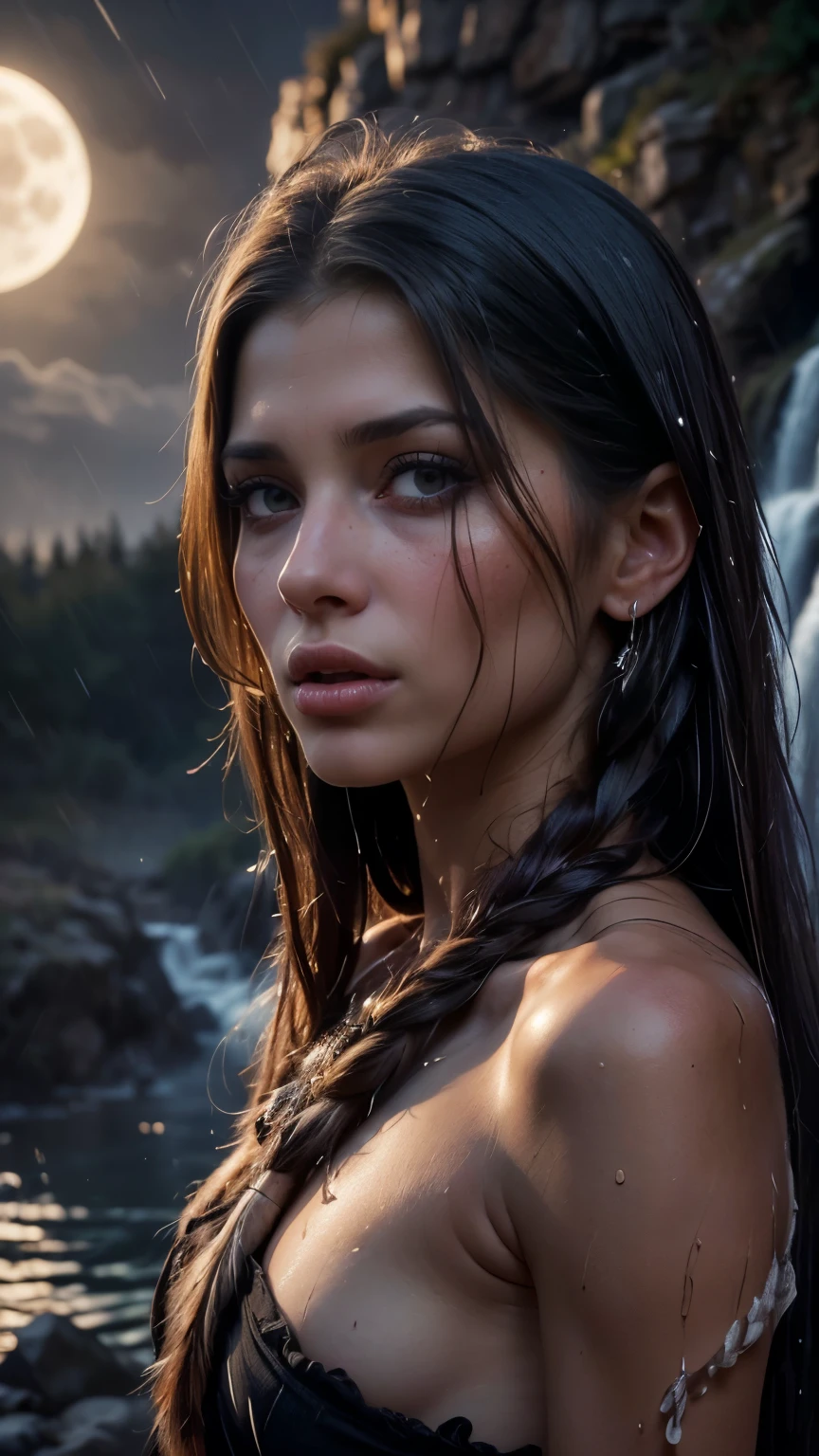 (((ultra realistic))), ((ultra-detailed face and eyes: 1.3)) ,(native girl), with very long thick hair, (feathers in hair), ((few clothes)) , ((indigenous clothing)) , slender body, (wet skin and clothes) , Near the waterfall, rain, mysterious dark atmosphere (In the moonlight, night, shadow), contrasting, ((ultra-detailed)), ((Skin detailing)), (scene from a movie about ancient people), (Dark color scheme)
