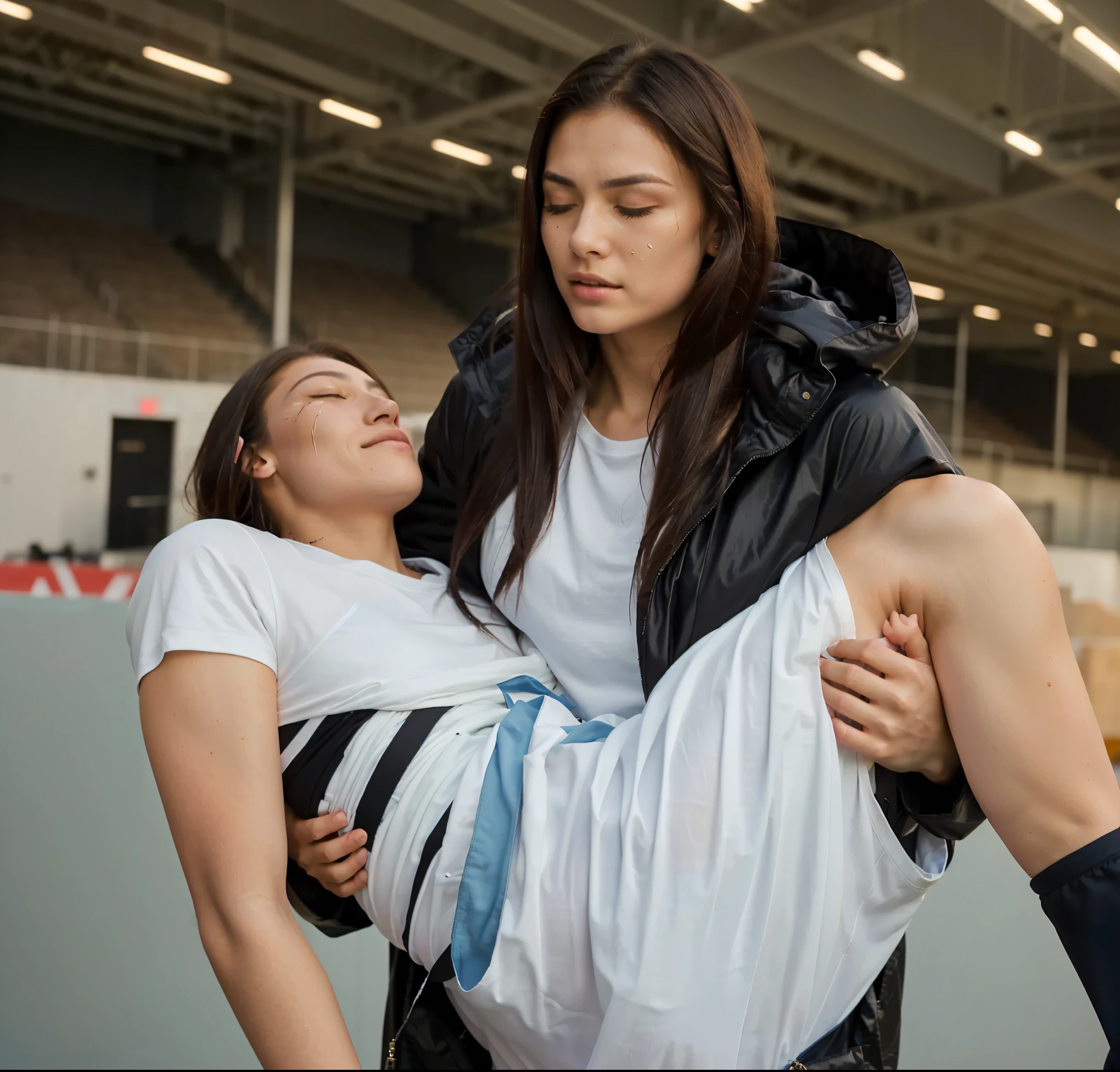 soccer action pose, affection pose, lecherous action pose, dramatic action pose, theatralic pose, there is an attractive woman that is carrying a skinny man, there is a beautiful woman in a shiny coat who is carrying a blond man in her arms, a longhaired beautiful woman in a high-shine black puffy coat, a longhaired woman in a shiny downcoat, a woman is carrying a shorthaired man who is wearing matte cotton shorts and a matte cotton t-shirt, a weak man in matte cotton sports shorts is consciousless and needs to be carried, a shorthaired man with closed eyes is carried in the arms of a longhaired woman, a woman looks very scared and terrified, a consciousless man with closed eyes is suffering very much and has a very painful face, photo, photo shoot, photographed , accident, help, aid, first aid, pity