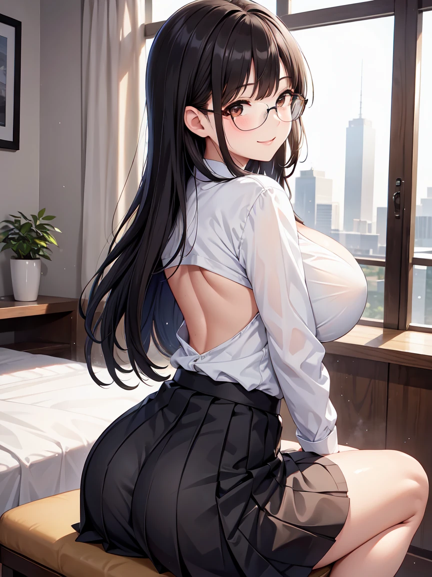 Highest image quality, outstanding details, ultra-high resolution, solo, with a delicate and beautiful face wearing black glasses, dressed in a tight white button up and short black pleated skirt that hints at her form, black long hair with bangs, colour white skin, teasing smile, beautiful brown eyes, small waist, view from behind, transparent shirt, sitting on the chair, seductive pose, gigantic wide breasts, gigantic wide ass, arch back, looking over shoulder slightly seeing face from the side, deep back line