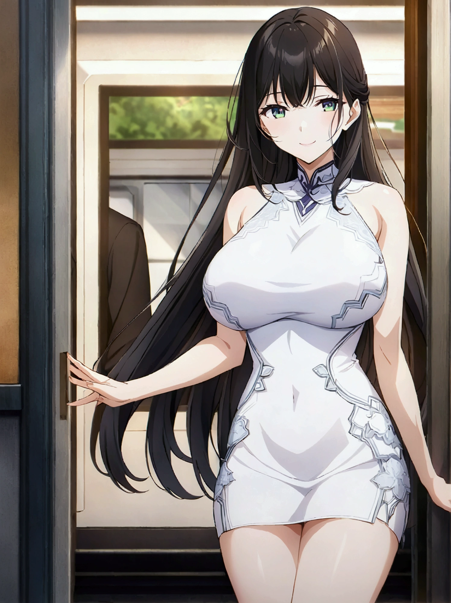 White sleeveless dress,miniskirt,Big Breasts,tall,Long legs,whole body,Long Hair,Black Hair,green eyes,The square in front of the station,Beautiful face with attention to detail,high quality,anime,beautiful,High resolution,anime color,{{{{8k_wallpaper}}}},{{{masterpiece}}},{{{{Very fine grain}}}},{{{{Highly detailed body}}}},{{{{Highly detailed fingers}}}},smile