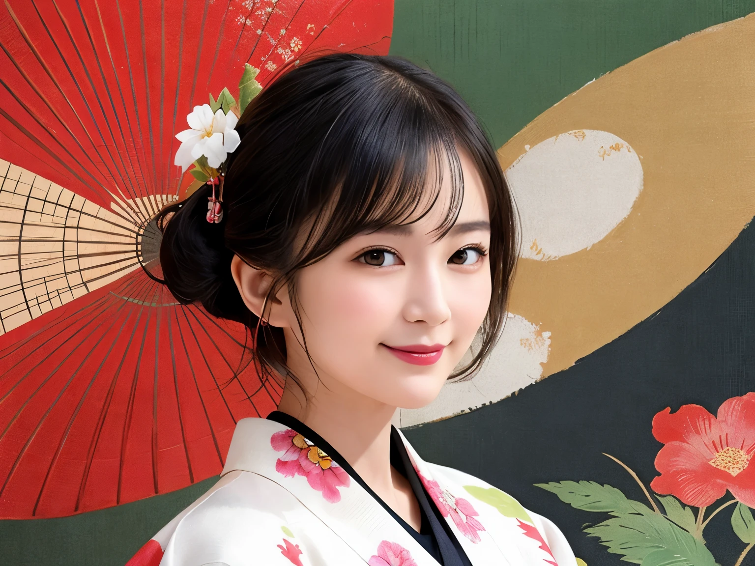 288 (20-year-old woman,Short Hair) , (A kind smile) , (kimono), (colorful), (Japanese painting by Uemura Shōen), flower