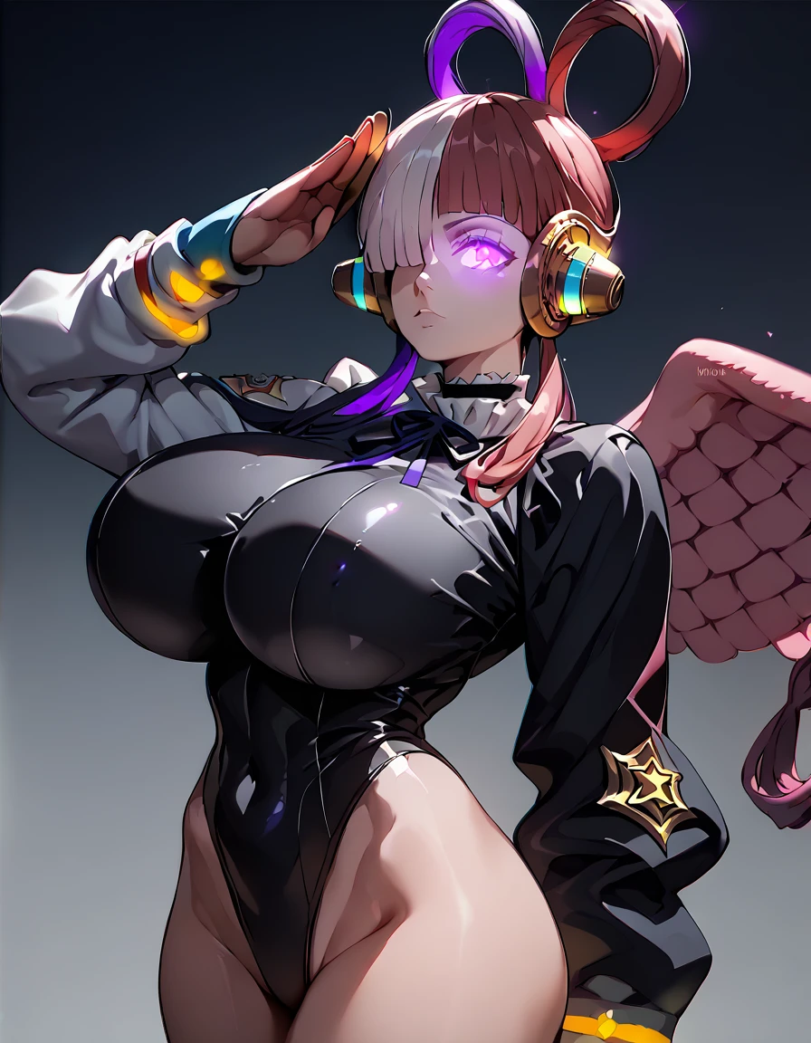 score_9, score_8_superior, score_7_superior_anime, Highest quality, uta, purple eyes, long hair, split-color hair, hair over one eye, hair rings, headphones,  blunt bangs, Huge breasts,  choker,(( stand up,salute)), Cowboy Shot,  glowing eyes, (((Black high leg leotard  suit))), ((big breasts 1.8)),empty eyes, (Expressionless),