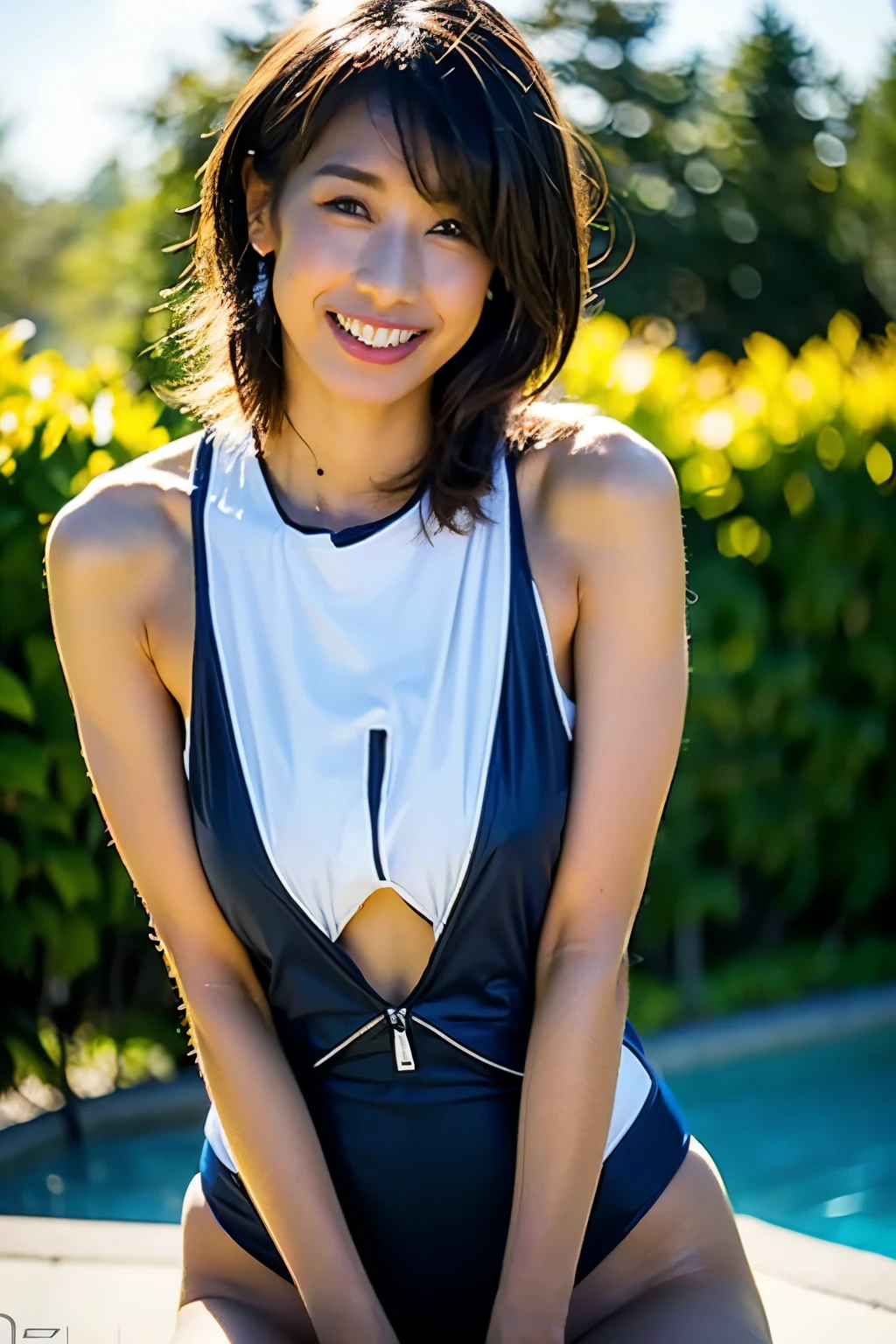 gorgeous woman, 1 girl, white onepiece swimsuit:1.2, skinny, healthy, perfect body:1.2, abs:1.1,  Gold hair:1.400, Rain Wet, wet body:1.2, night pool room:1.6, ultra-detailed face, detailed lips, detailed eyes, double eyelids, pubic hair, black skin, trimmed bangs, shy smile, (best quality,8k,masterpiece:1.3)  Frontal and full-body shot Pussy line 開脚