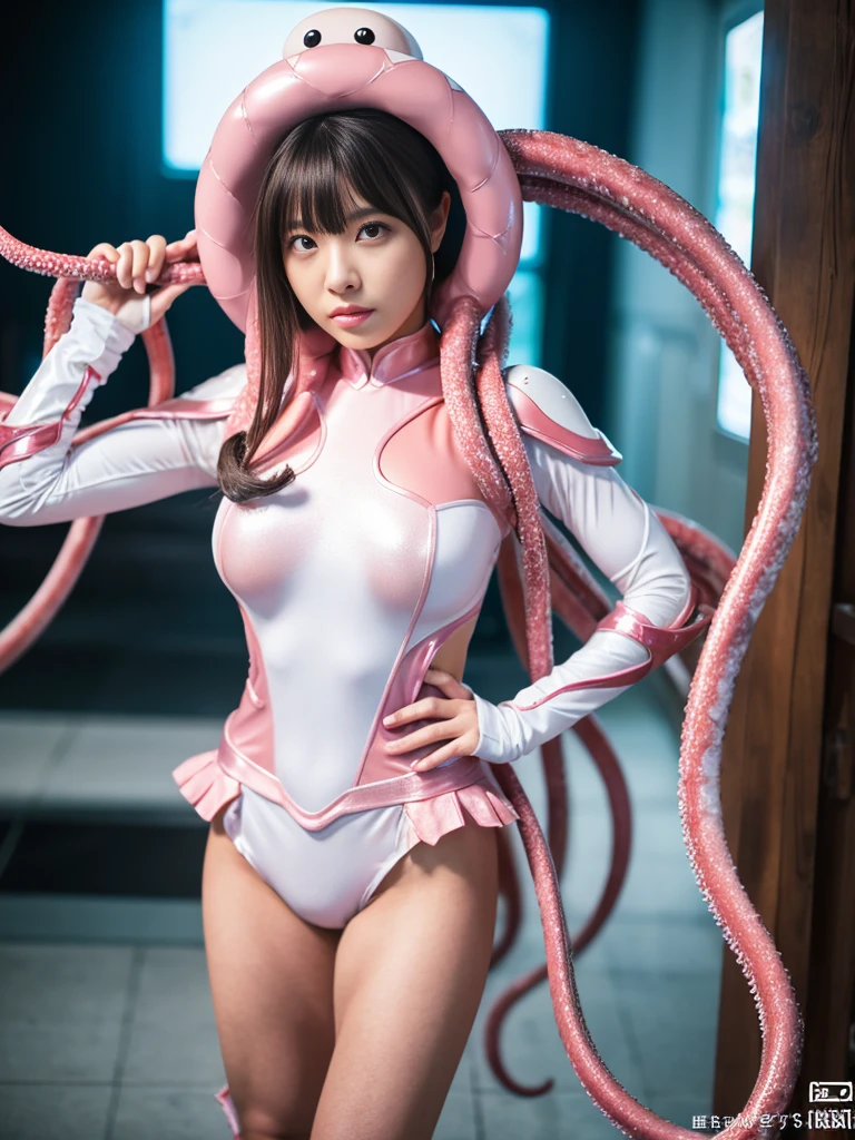 (Best Quality、8k、Masseter muscle area、Photorealistic、Full body Ezbian:1.1、 beautiful Japanese girl、Hands)、(In a pink and white metallic hero costume、Futuristic fit:1.2) 、（Very round body 1.1、Super Big 1.2）、Staring straight ahead、Angry expression、Panting、Being sexually attacked by tentacles、Being held captive by tentacles