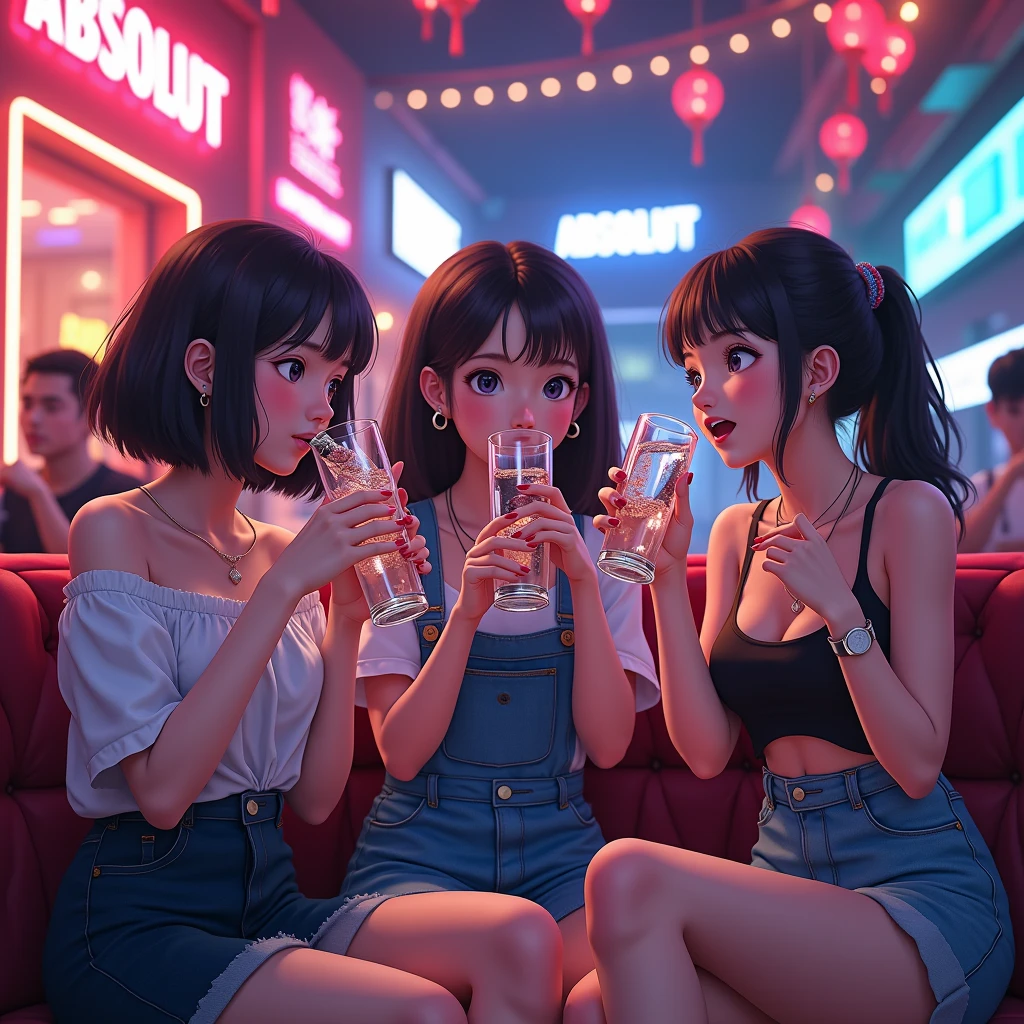 Highest quality, masterpiece, Ultra-high resolution, (Realistic:1.4), Raw photo, Very detailed, Perfect Anatomy,
(((At the pub, From above, Photo of three girls having fun at a drinking party))),
All of Japan's Most Popular Idols, All , Very cute faces, Very beautiful big black round eyes, All very beautiful colorful hair colors, Everyone is completely drunk and high on cocaine, Everyone is wearing cute clothes,
All detailed cute faces, Very beautiful large black solid circle eye with all the details, Very beautiful hair with all the details, All detailed beautiful and realistic skins, Very beautiful body with all the details, Intricately designed clothes, Detailed tavern, Lots of alcohol and food details on the table, Illegal drugs with some details on them on the table