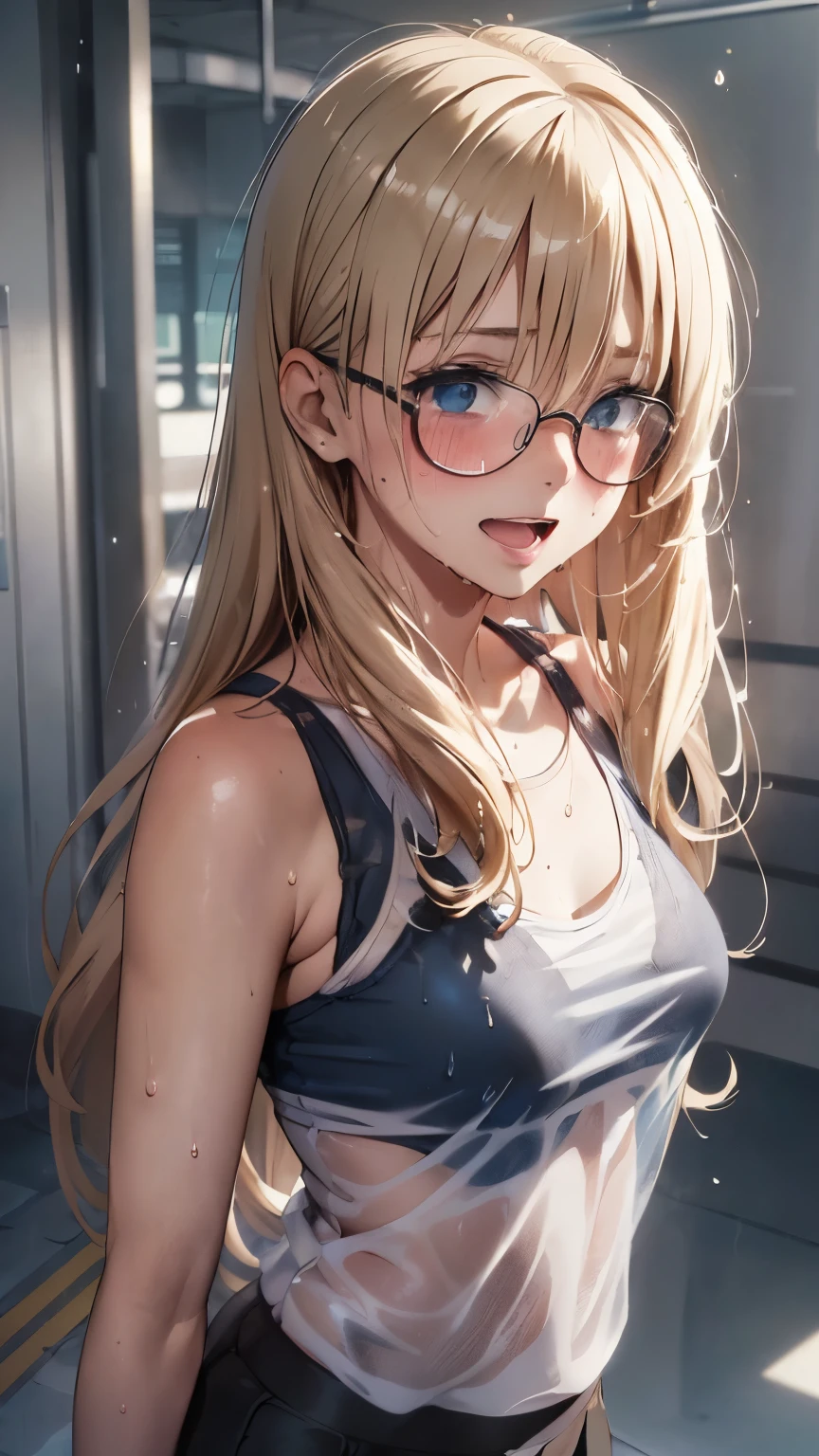 1 female,golden hair,25 years old,(((Blue shiny micro tight skirt)))((white tank top))(((blush cheeks、open mouth smile)),(((straight hair))),(((Portrait))),crowd,,((wet with sweat))(Sexy bra with see-through tank top)(glasses)(((small breasts)))