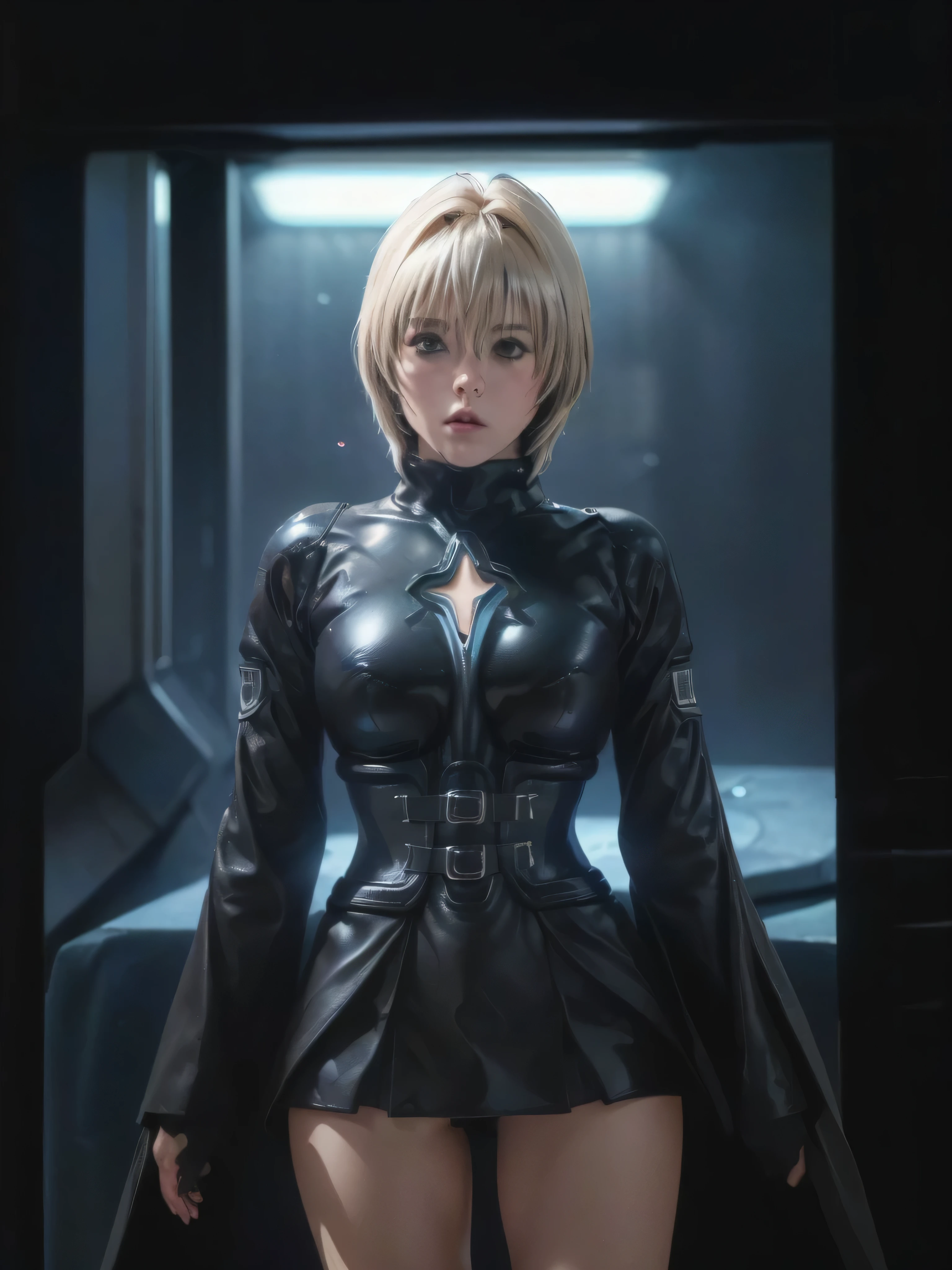 mine、最high quality、high quality,, ((Masseter muscle area)), ((High resolution)), ((最high quality)), ((Ultra-realistic texture)), detailed, ((Glowing Skin)), (Shiny black bondage, Shiny black hot pants), Voluptuous bust, Bowl-shaped big breasts:1.4, (View from the front, Looking at the audience:1.5)、((background:Inside the futuristic facility:1.4))