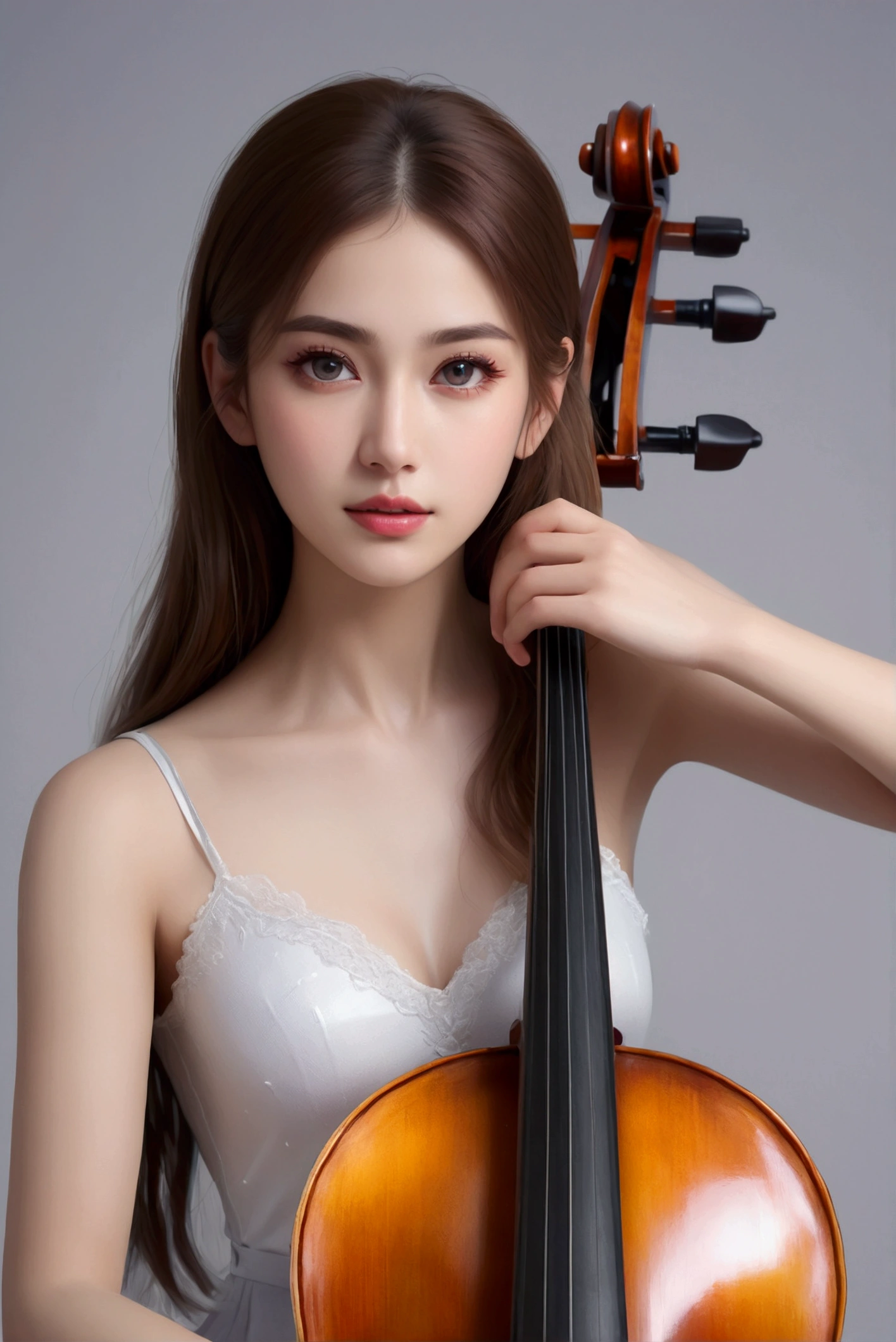 Beautiful woman in underwear, cello player, sitting position. Detailed photos, detailed descriptions.