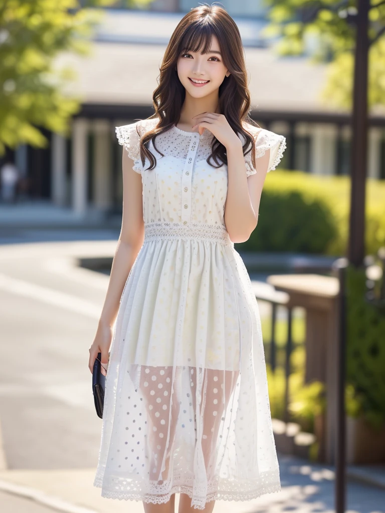 Photo-realistic quality、A 20-year-old Japanese model is standing in a white dress、 rococo ruffles dress, white with black spots,Stylish dresses、White Summer Dress、Cute Dresses、Looking at the camera、Detailed and beautiful eyes、Cute smile、A soft and gentle look、Natural smile