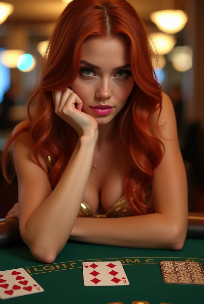 ultra realistic, photography, long red hair, girl, 24 years old, hourglass figure, perfect body, Flirty look, medium natural breasts, extremely detailed artgerm, in the style artgerm, blur background, at a casino, at the black jack table, playing cards, shiny tight gold dress, perfect hair, red lips