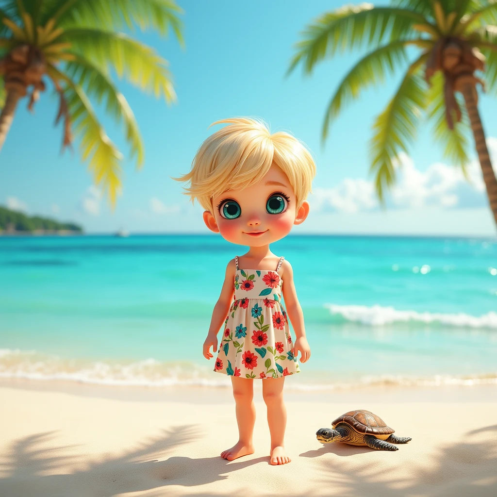 white haired has bright blue eyes, wearing blue bikini on beach sand
