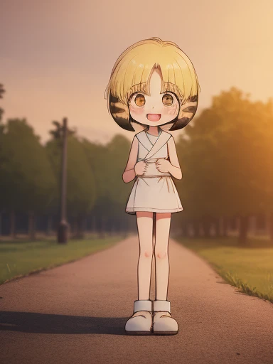 nyannyan, 1girl, solo, blonde hair,  open mouth, brown eyes, short hair, multicolored hair, blush, child, masterpiece, best quality, very aesthetic, absurdres, 1girl, smile, looking at viewer, open mouth, blush, eyebrows visible through hair, :d, standing by self, embarrassed, white legwear, smile, looking at viewer, standing by self, (flat chest,  Girl:1.3), full body, HDR, uhd, front shot, public park, Desert, Lotus, Pokémon, White Wolf, Colorful Gradient, Miniature Photography