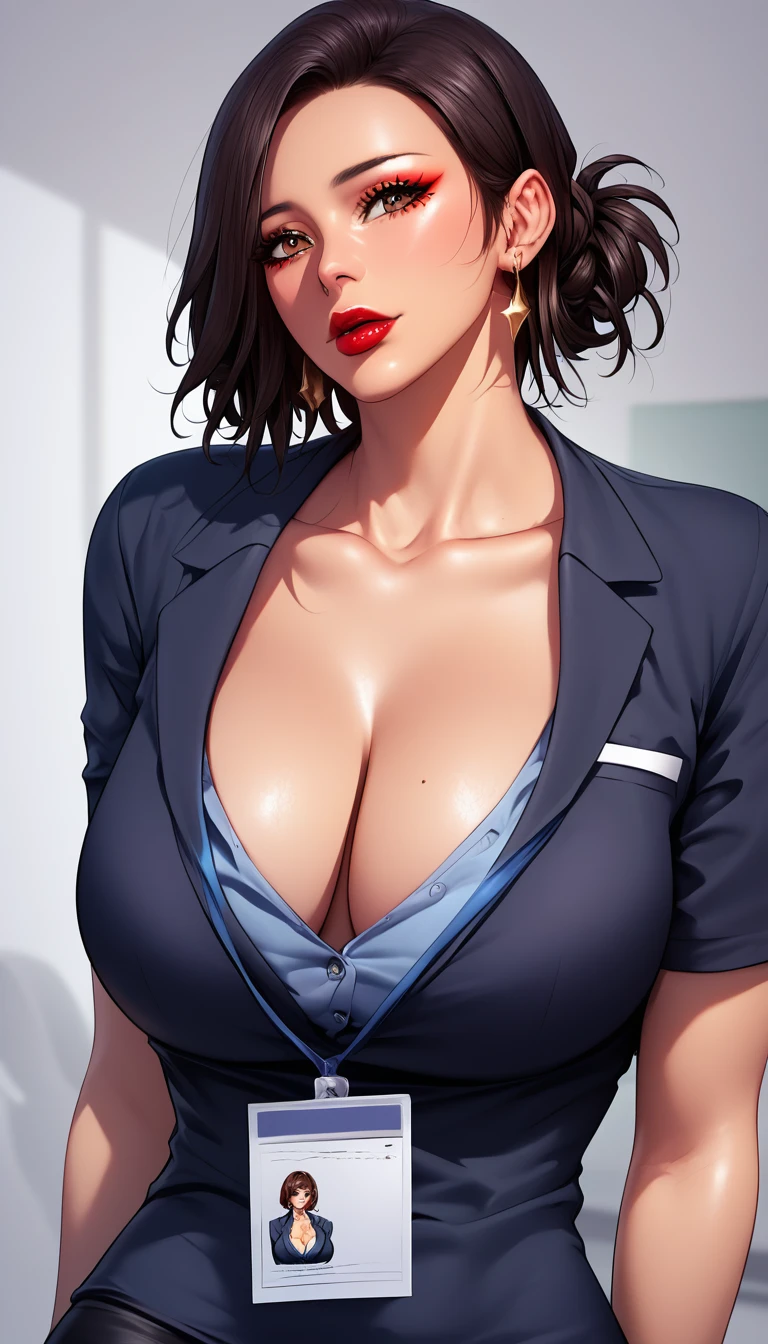 Hot beautiful sexy milf secretary,   red lipstick, long Earrings, medium saggy breasts , brown hair , short hair,bracelet ,detailed, detailed brown eyes, curvy body  ,manhwa style,body moving motion ,detailed eyes,manhwa page,manhwa art style , office , makeup , office dress, office uniform , cleavage ,id card 