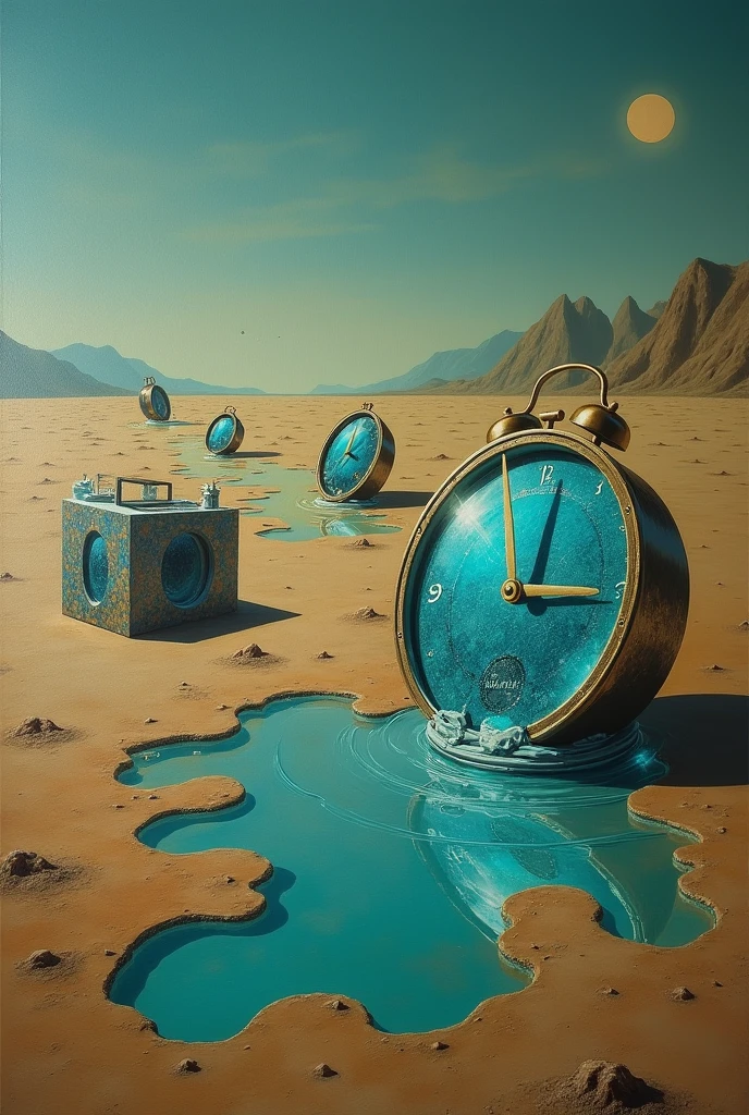 a poster with a surrealist illustration of a cracked Greek style broken statue of a man with a bird pecking at the man's belly psychedelic and umbrellas falling from the sky in an isolated place post apocalyptic psychedelic style experimental surrealist style