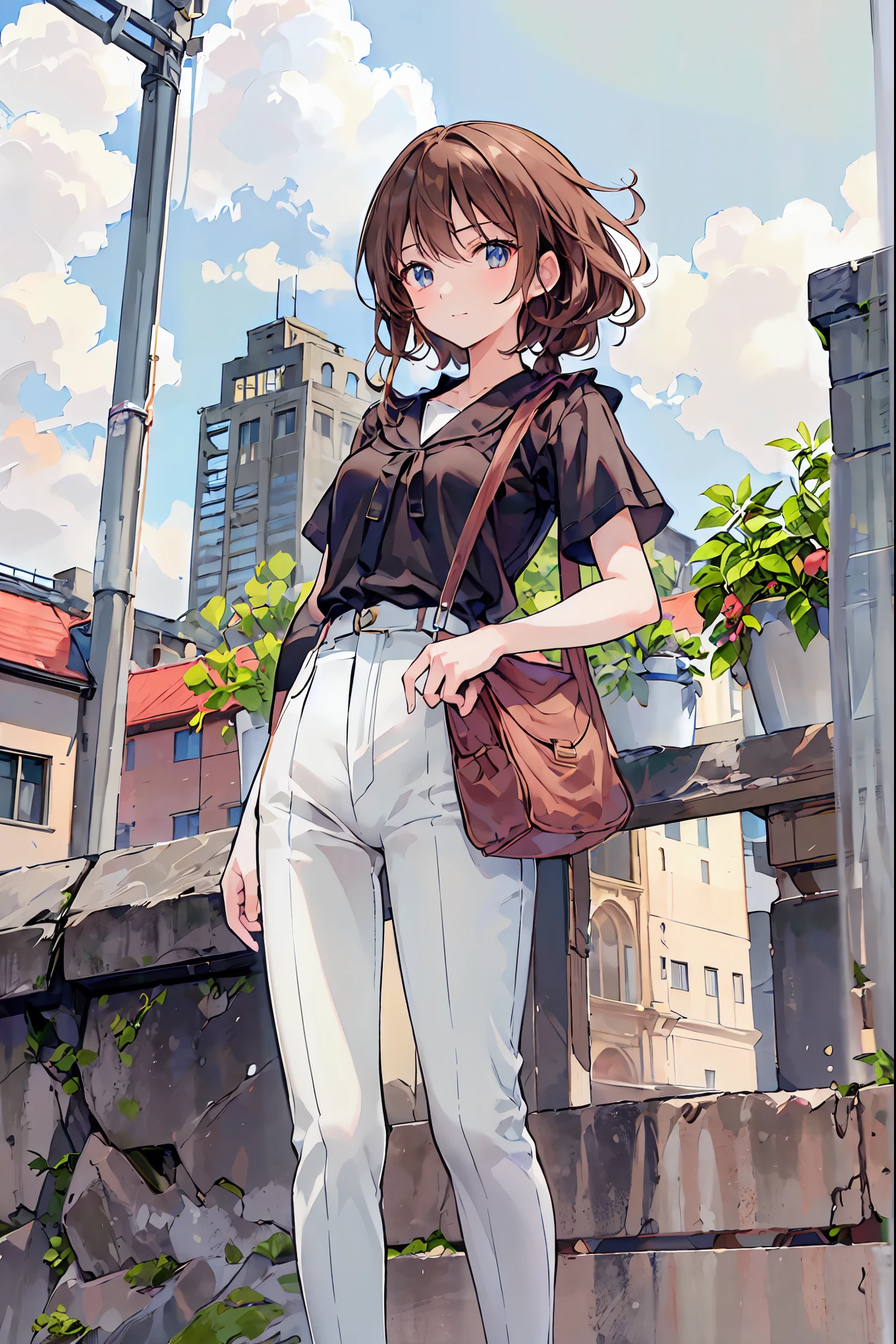best qualtiy,tmasterpiece,超高分辨率,High brightness,Skysky,Blue sky and white clouds 1.0,the roof,vibrant with colors,A wide variety of flowers,(Character action:Cross your hands behind your back),White shirt,Blue skinny jeans,White cowboy hat,ssmile,asuka,pale brown hair,Light gray floor tiles