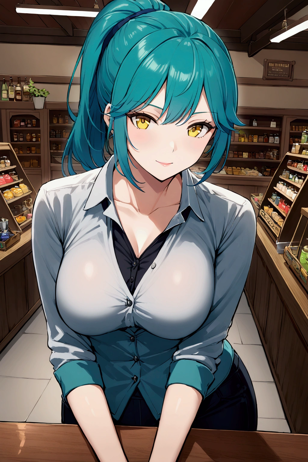 1 girl milf , solo , teal blue ponytail hair ,  yellow lihgt eyes , In the cofe shop