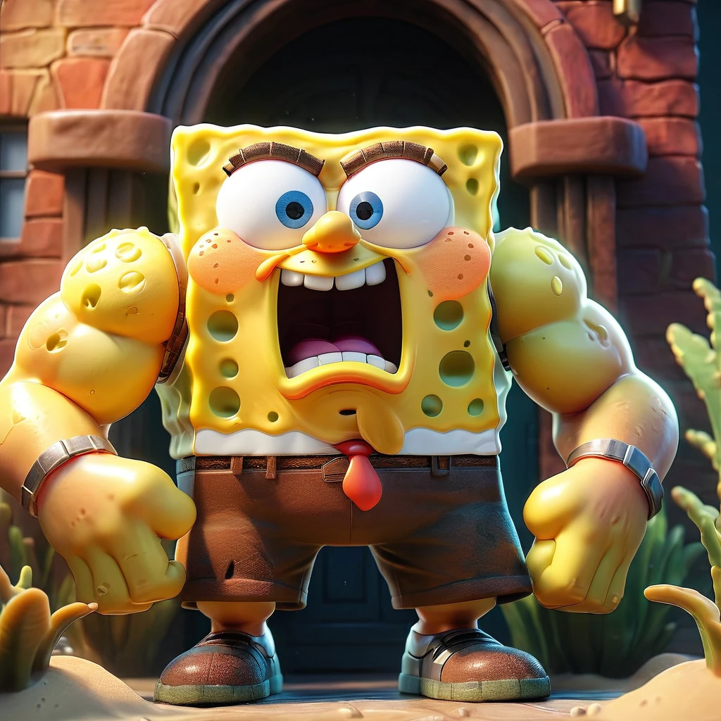 A hyper-muscular 3D-rendered SpongeBob standing at the doorway with a determined expression. His exaggerated, muscular physique contrasts with his small stature. The setting appears to be his underwater home, with the lighting emphasizing his bulging muscles and strong presence.