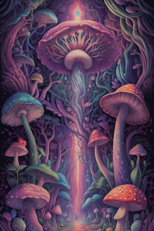 Generate a psychedelic and surreal wallpaper featuring hallucinogenic mushrooms. Create an otherworldly and mind-bending visual experience that immerses the viewer in a fantastical realm of vibrant colors, intricate patterns, and a sense of surreal wonder.