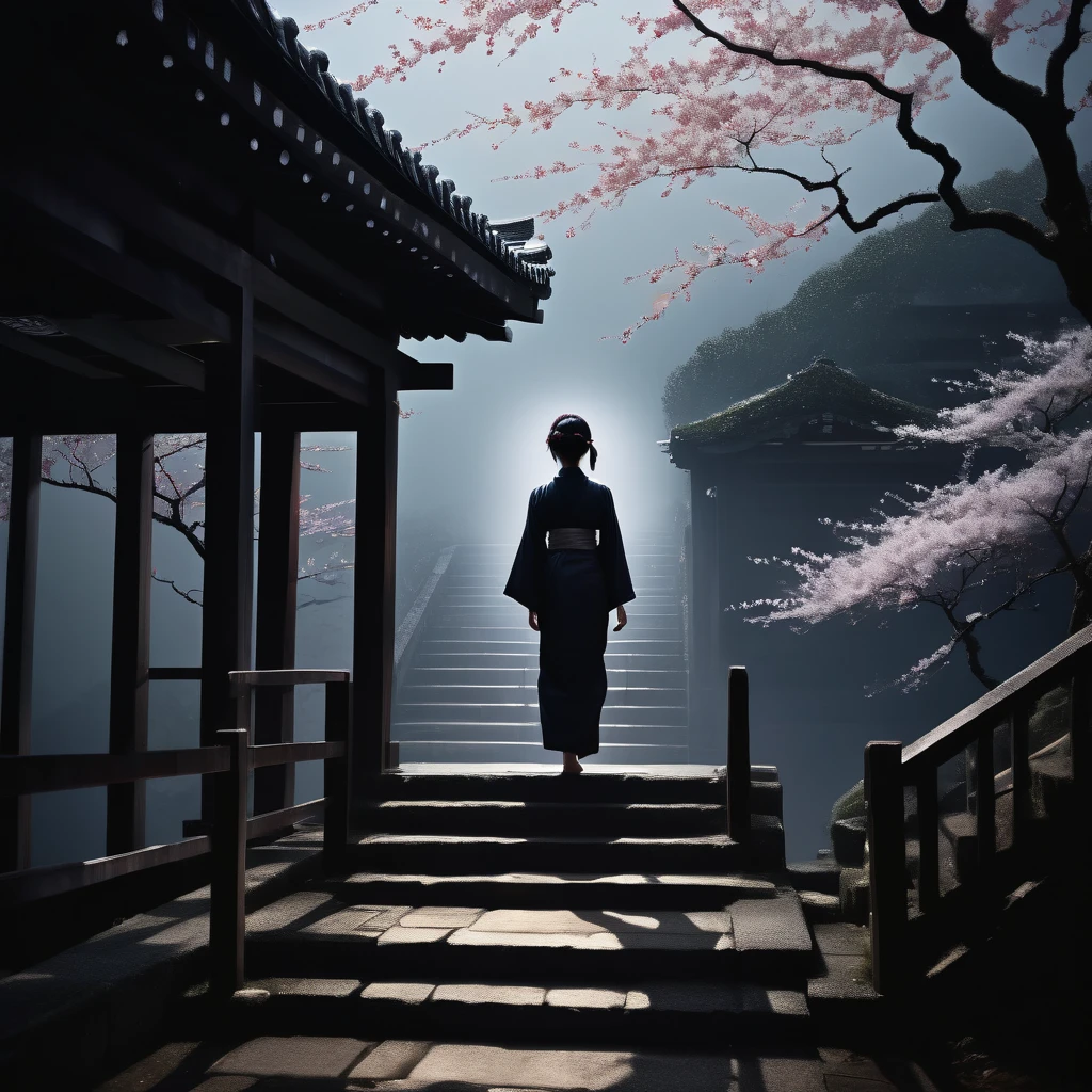 An ethereal silhouette of a slender figure ascending a traditional Japanese staircase to heaven, shrouded in shadows, surrounded by a calm and mysterious atmosphere. The figure is subtly covered in an oily, glistening substance, with soft rim lighting highlighting its delicate form. The background captures the essence of mystic nature—misty mountains and cherry blossoms barely visible in the darkness. The scene should have a painterly feel, incorporating traditional Japanese ink painting techniques, with visible brush strokes and a hybrid blend of oil painting and pen detailing. The style should evoke feelings of nostalgia and profound emotion, with dark, dramatic tones, enhanced by expressionism and shadow play.